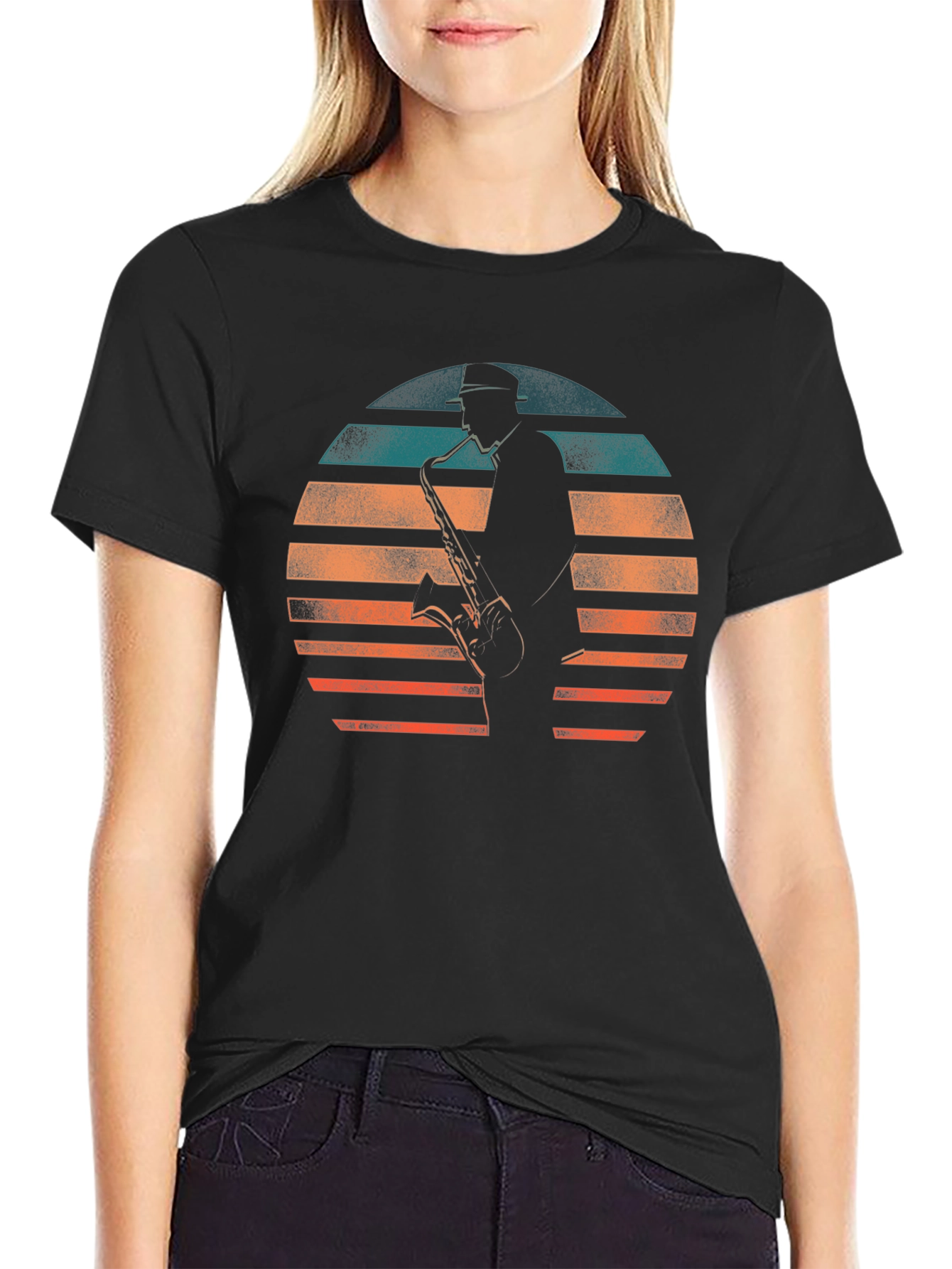 Saxophone Player Retro Sunset Graphic Tee
