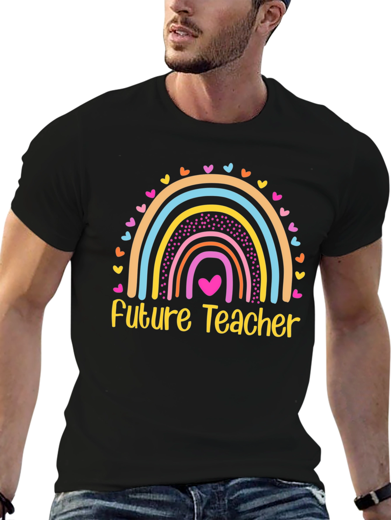 Future Teacher Rainbow Heart T-Shirt - Black Cotton Tee