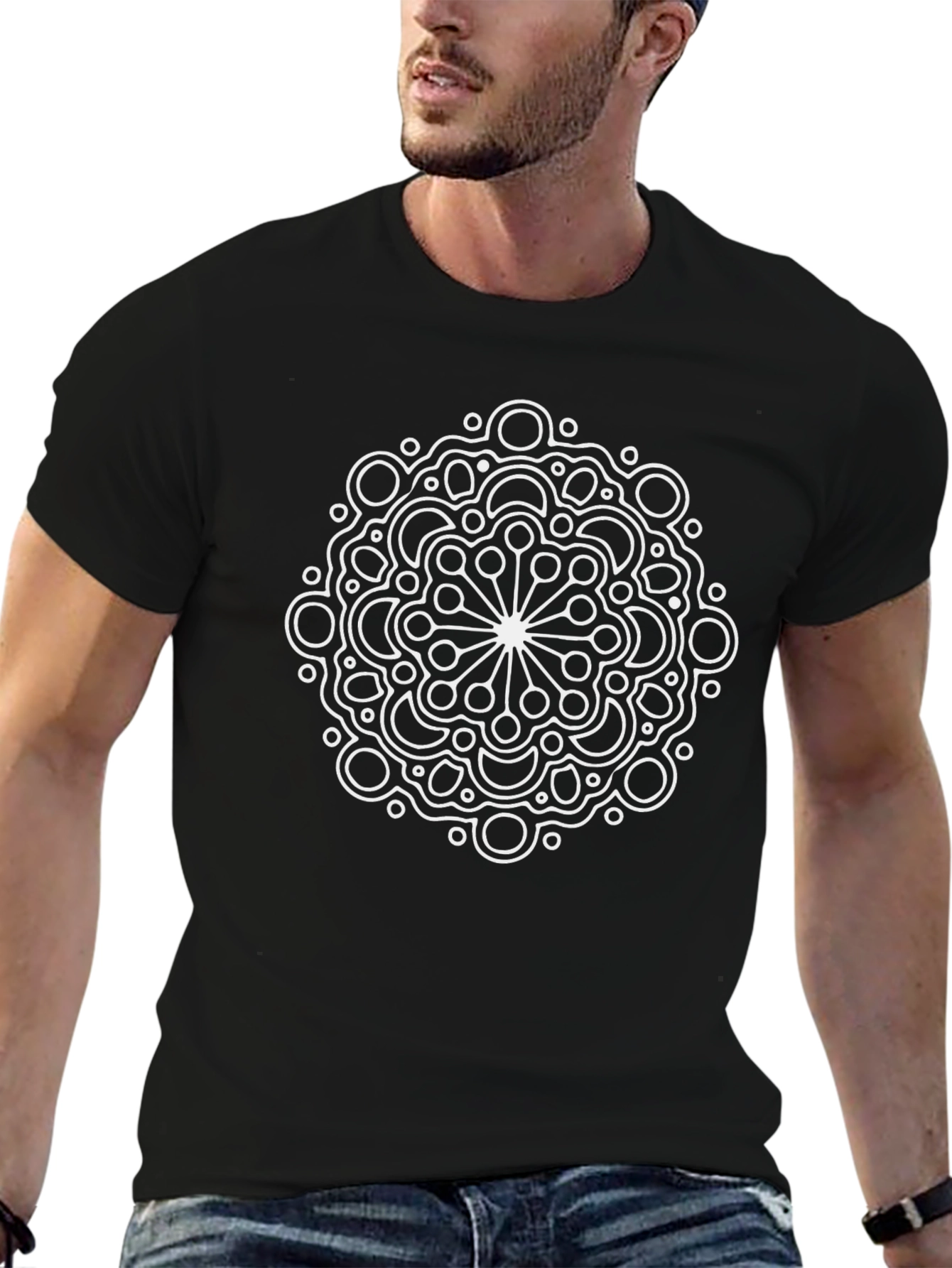 Geometric Mandala Graphic Tee - Black Cotton Casual T-Shirt