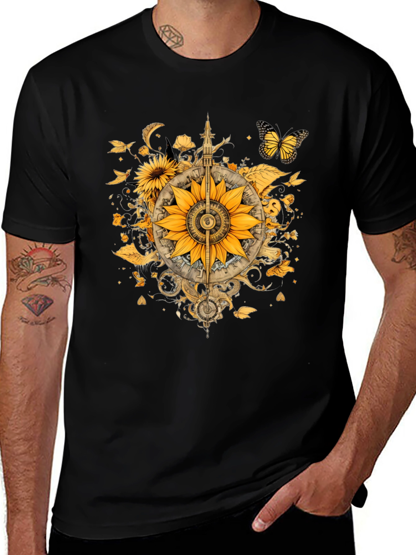 Sunflower Compass Graphic Black T-Shirt