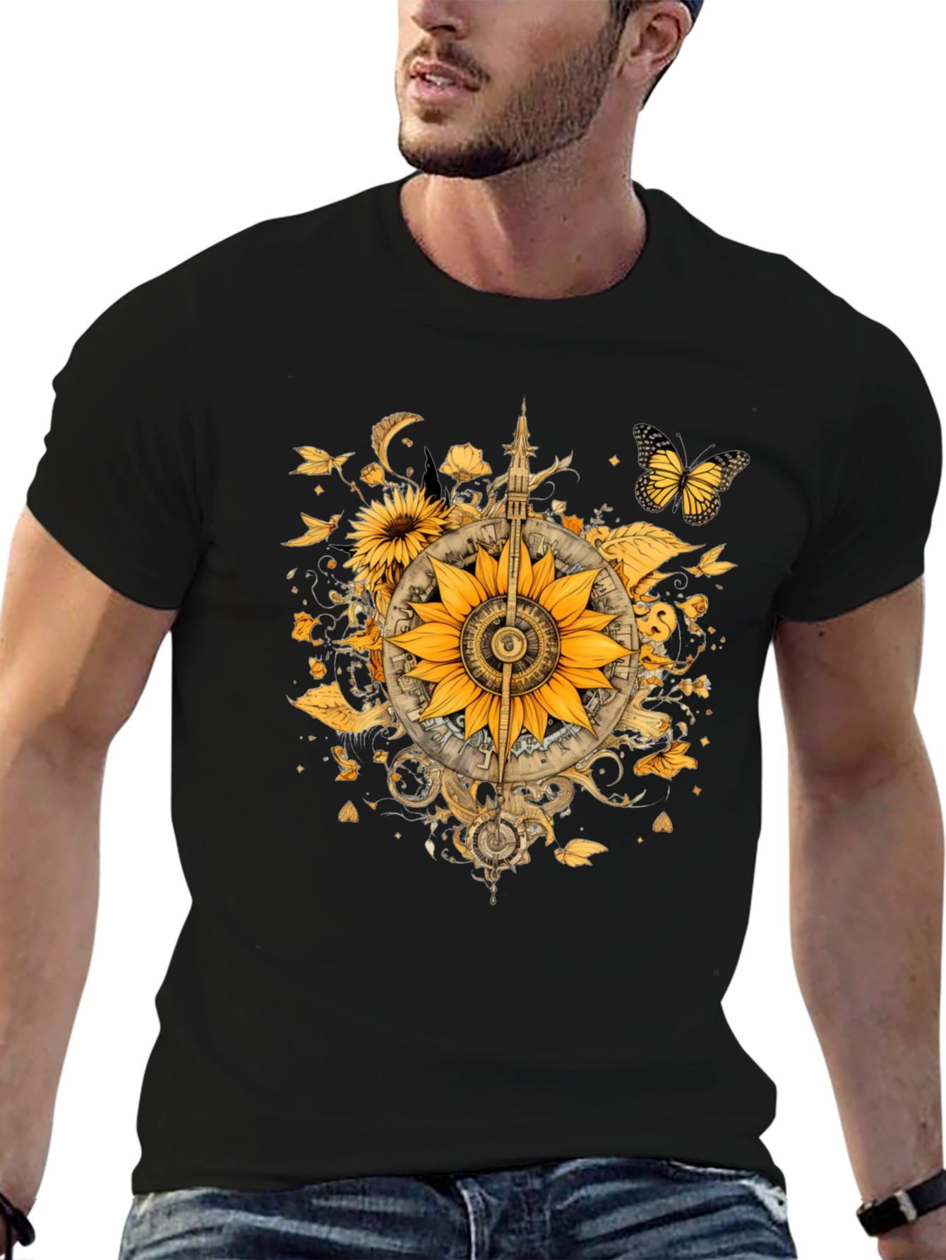 Sunflower Compass Graphic Black T-Shirt