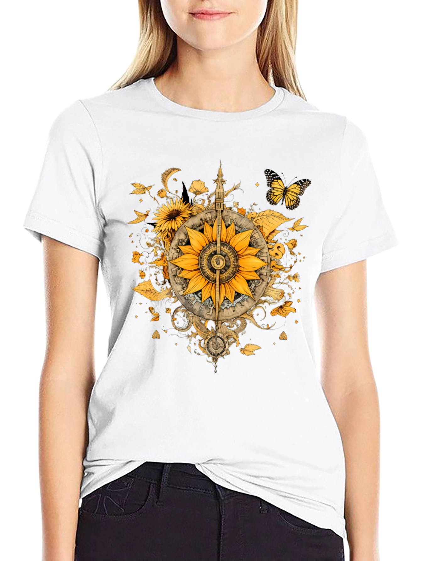 Sunflower Compass Graphic Black T-Shirt