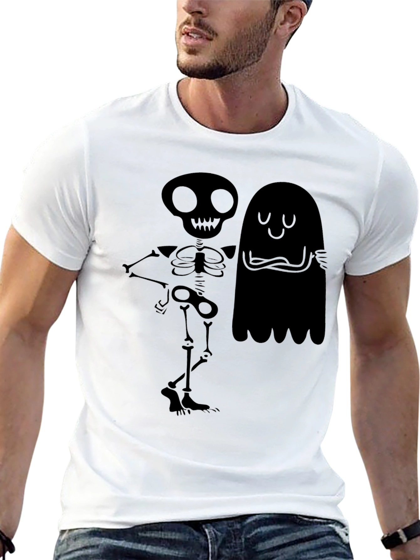 Spooky Skeleton & Ghost Graphic T-Shirt