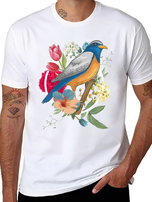 Bird & Floral Graphic Tee - Stylish Mens Black T-Shirt