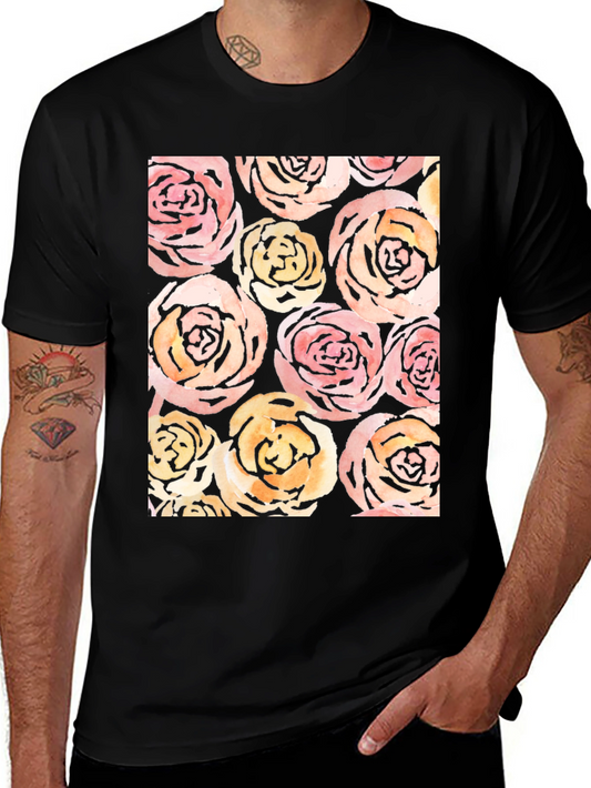 Floral Roses Print Black T-Shirt