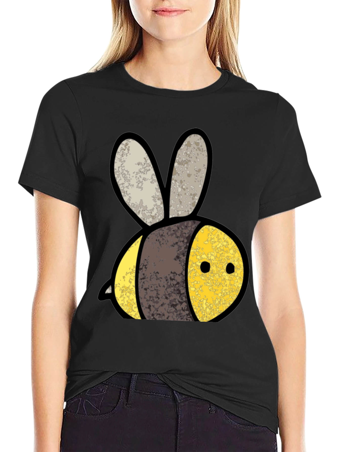 Cute Bee Graphic Tee - Black Cotton T-Shirt