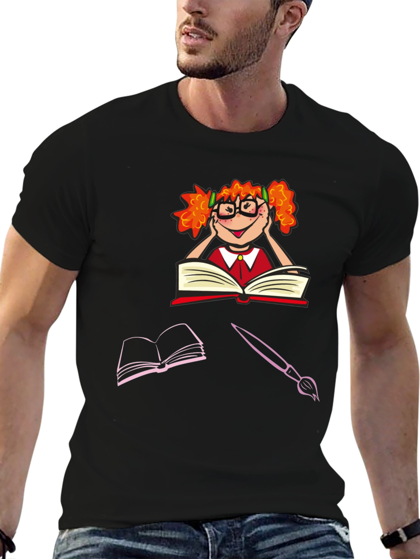 Bookworm Character Graphic Tee - Black Cotton T-Shirt