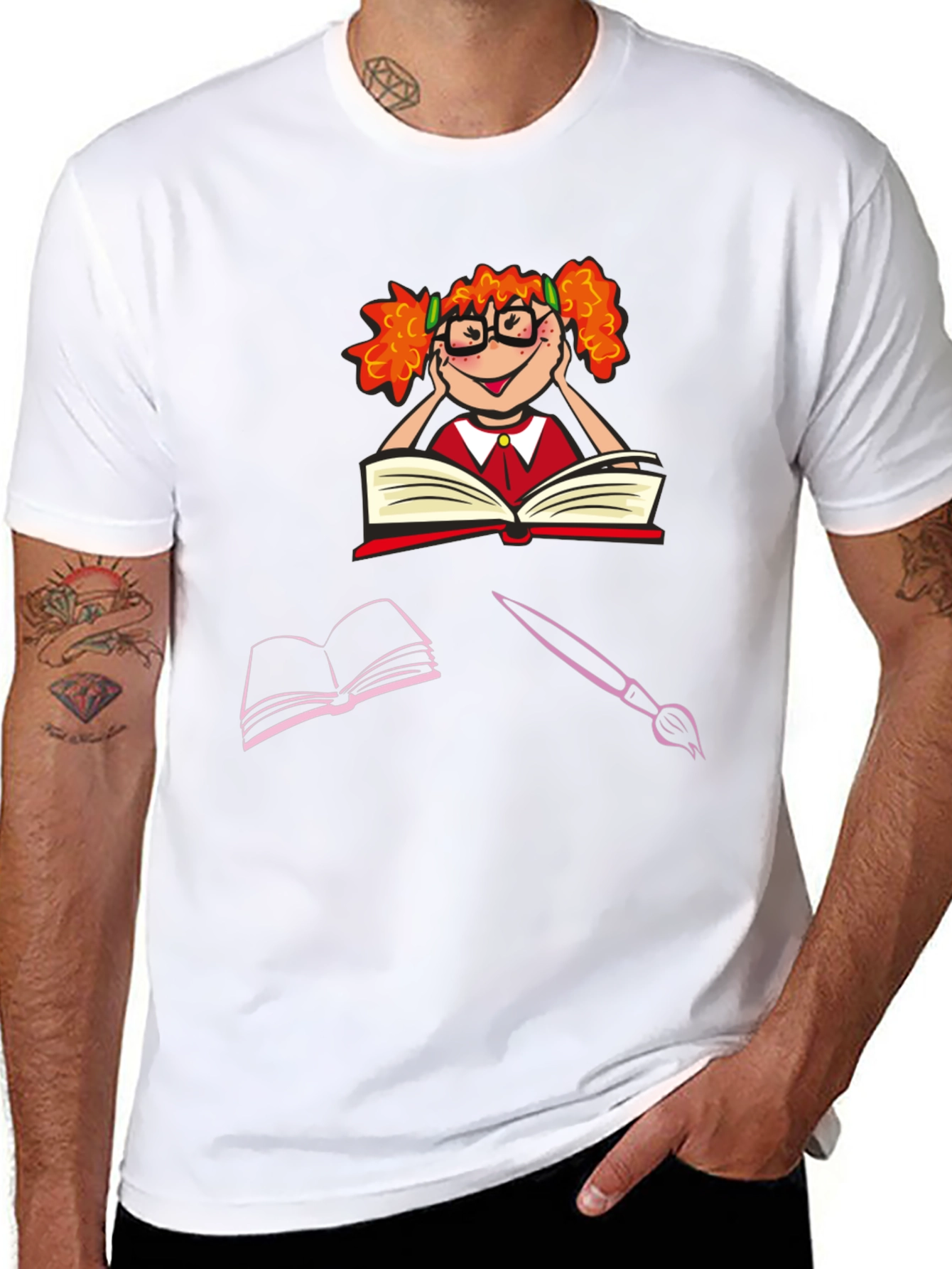Bookworm Character Graphic Tee - Black Cotton T-Shirt