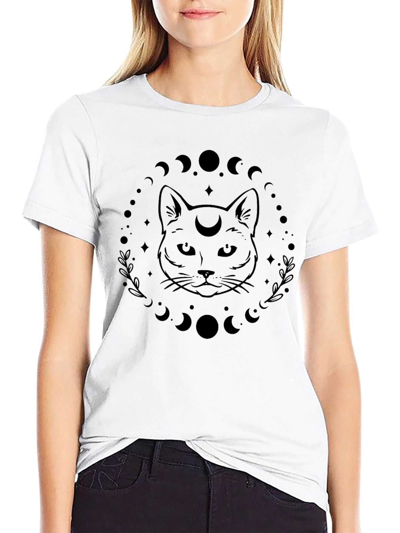 Mystic Cat Moon Phases Graphic T-Shirt