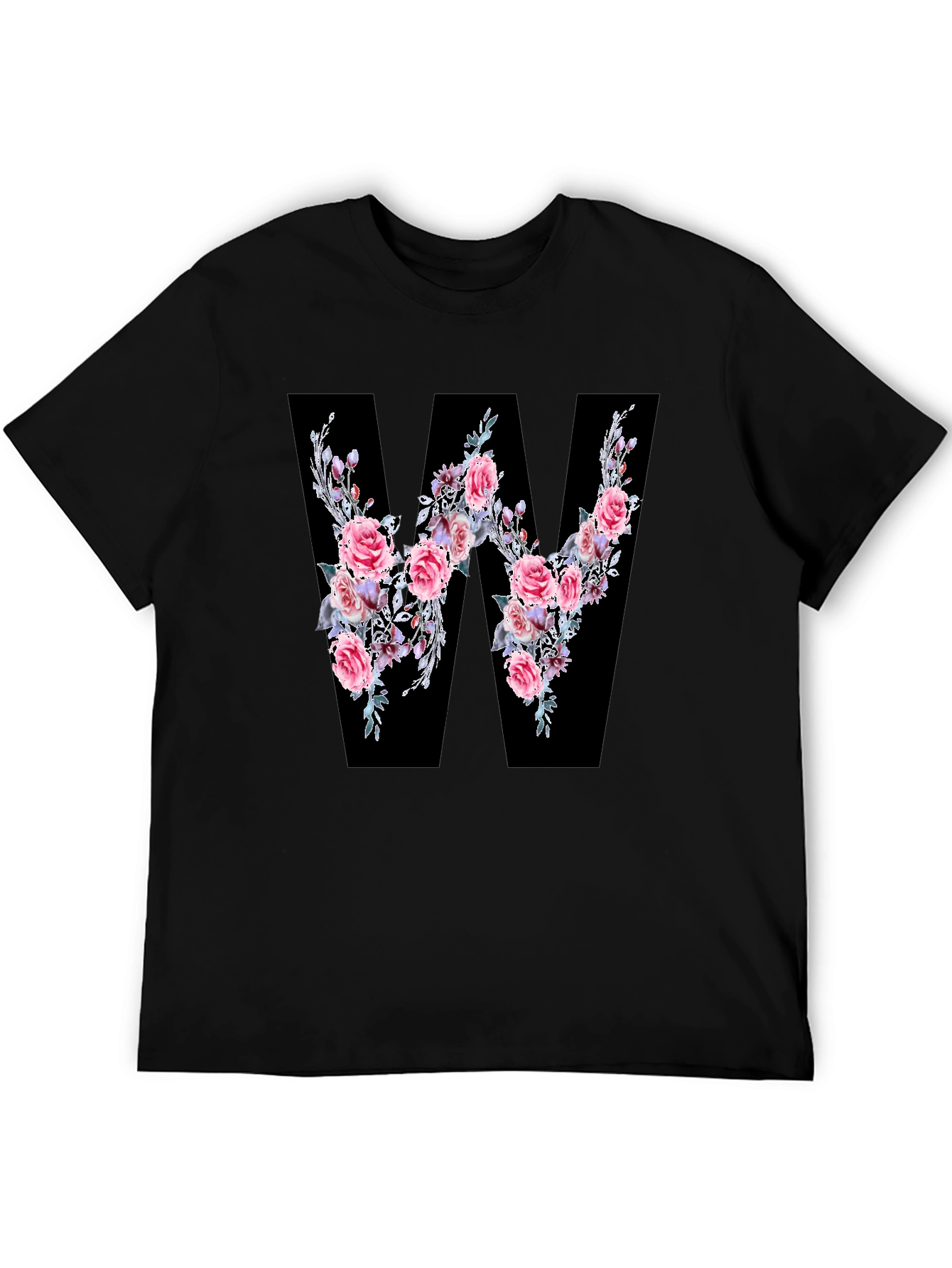Floral Letter W Black T-Shirt