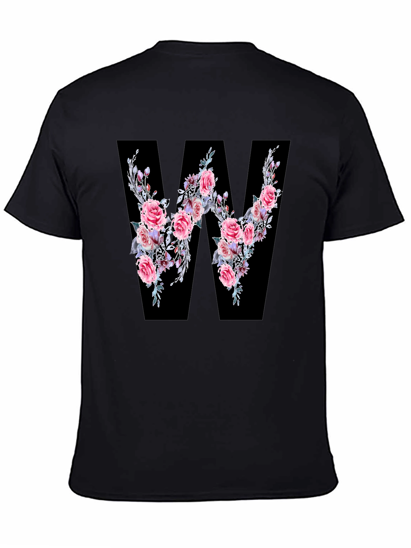 Floral Letter W Black T-Shirt