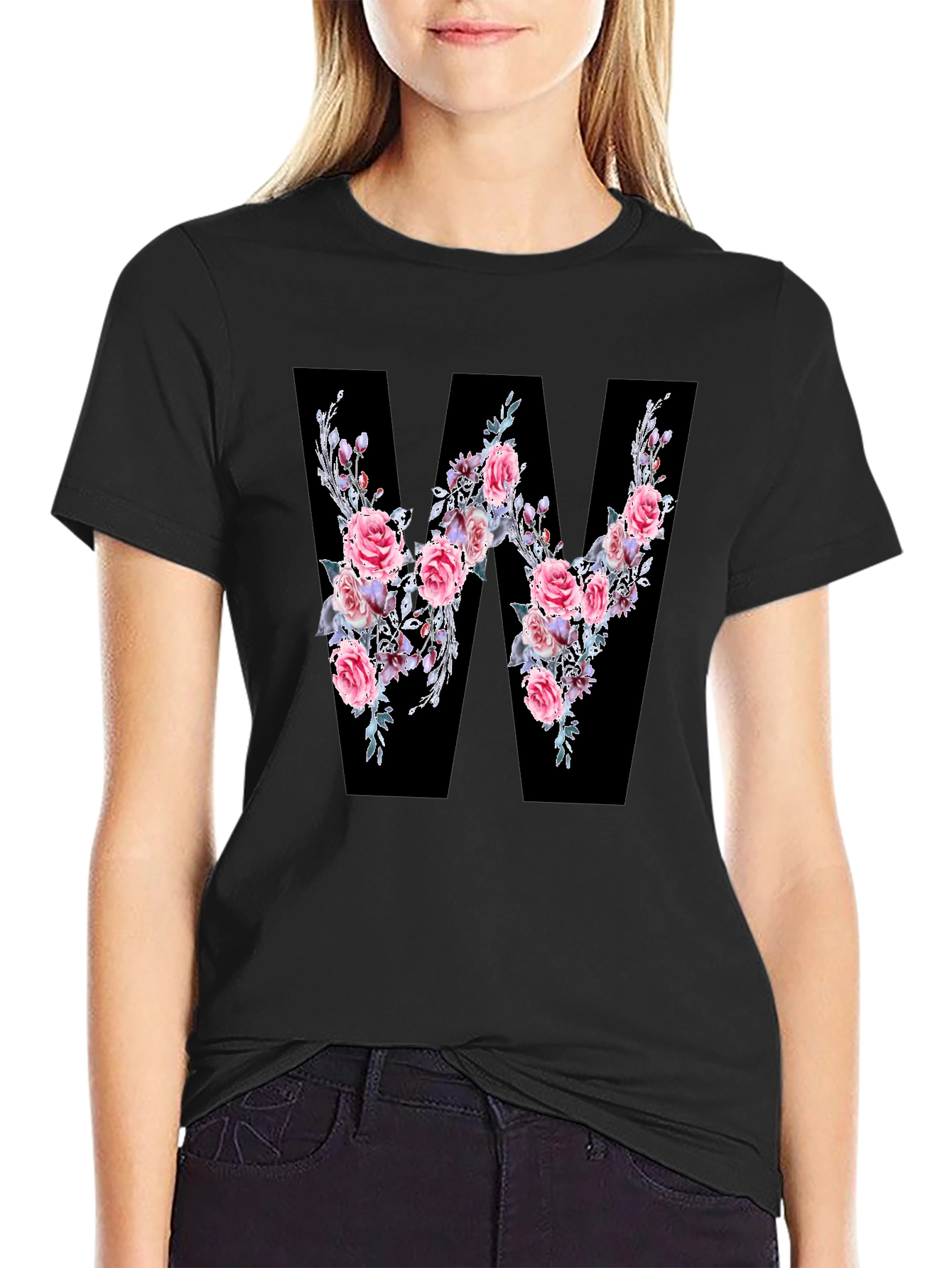 Floral Letter W Black T-Shirt