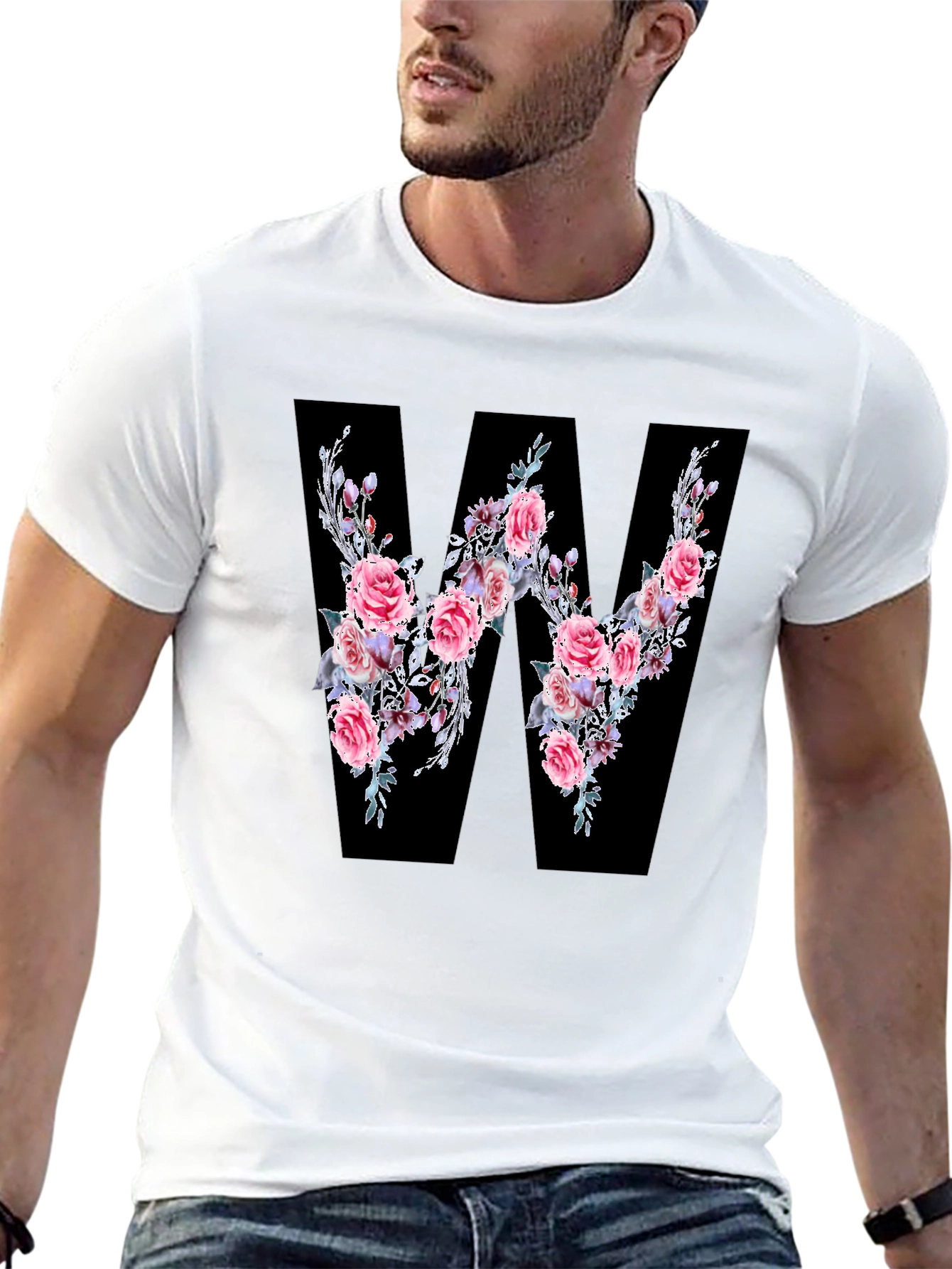 Floral Letter W Black T-Shirt