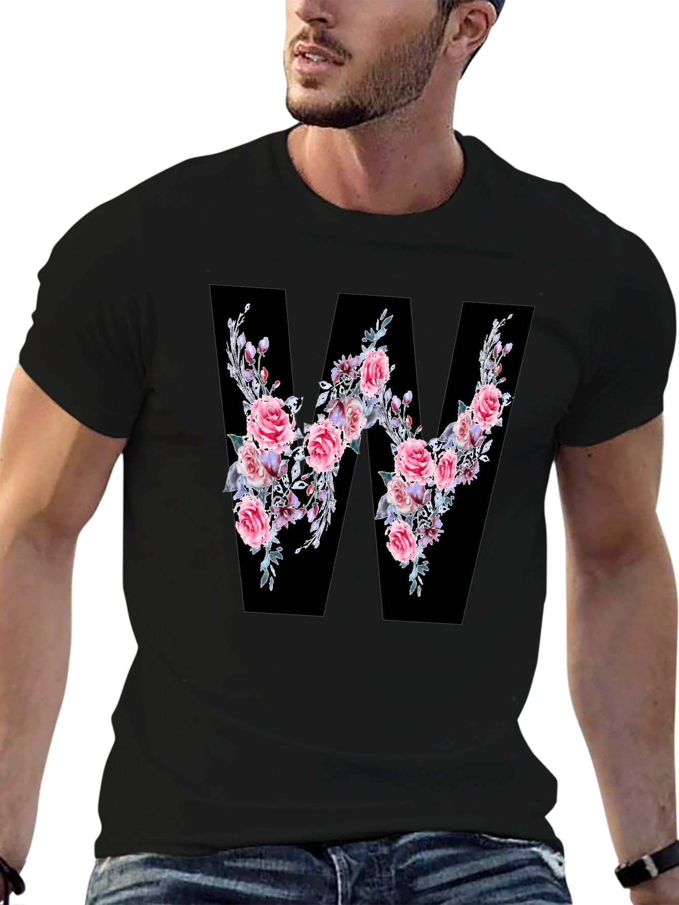 Floral Letter W Black T-Shirt