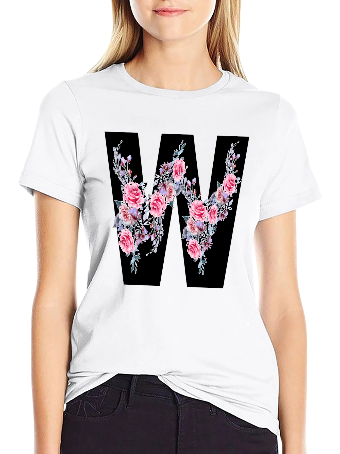 Floral Letter W Black T-Shirt