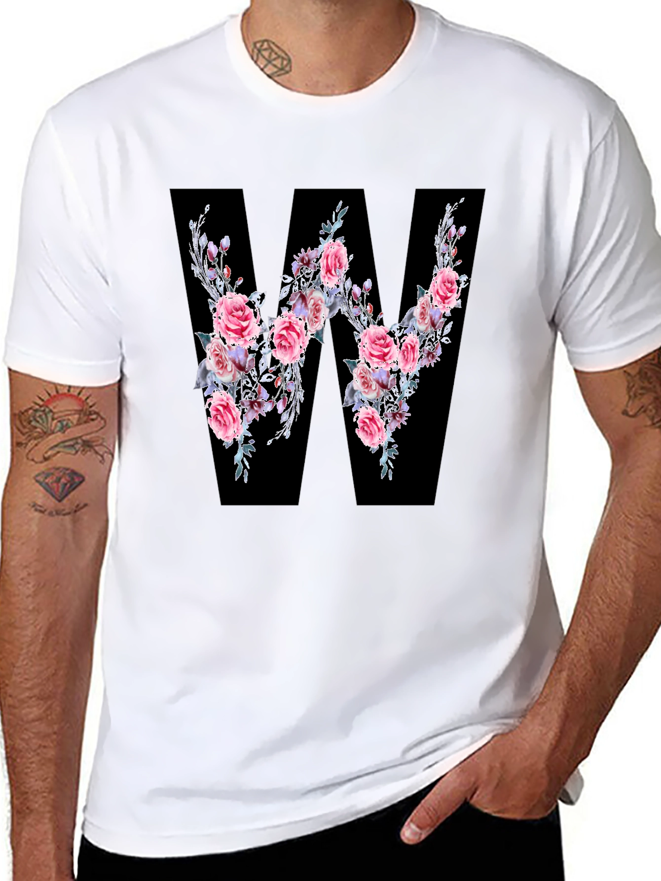 Floral Letter W Black T-Shirt