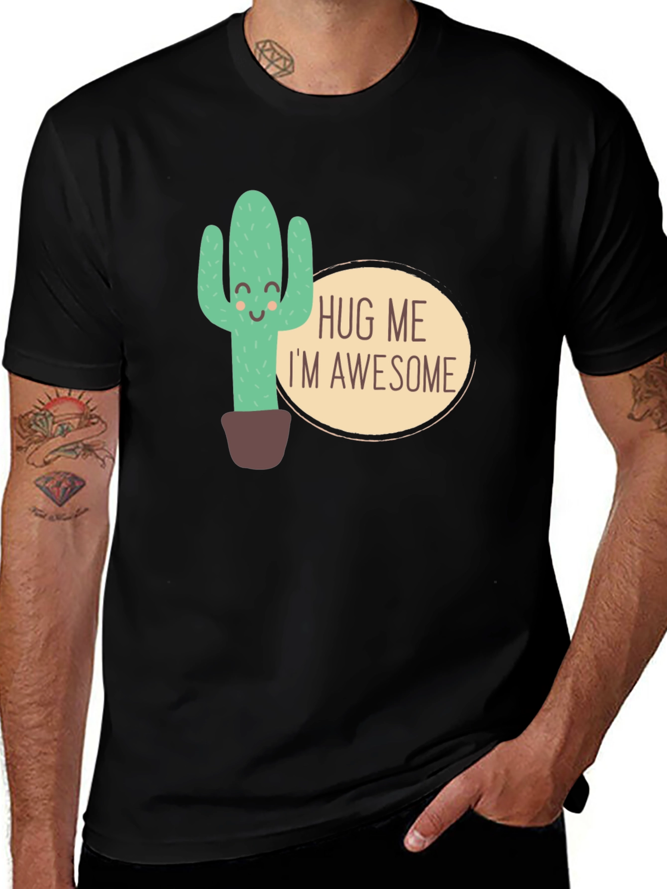 Hug Me Im Awesome Cactus Graphic T-Shirt