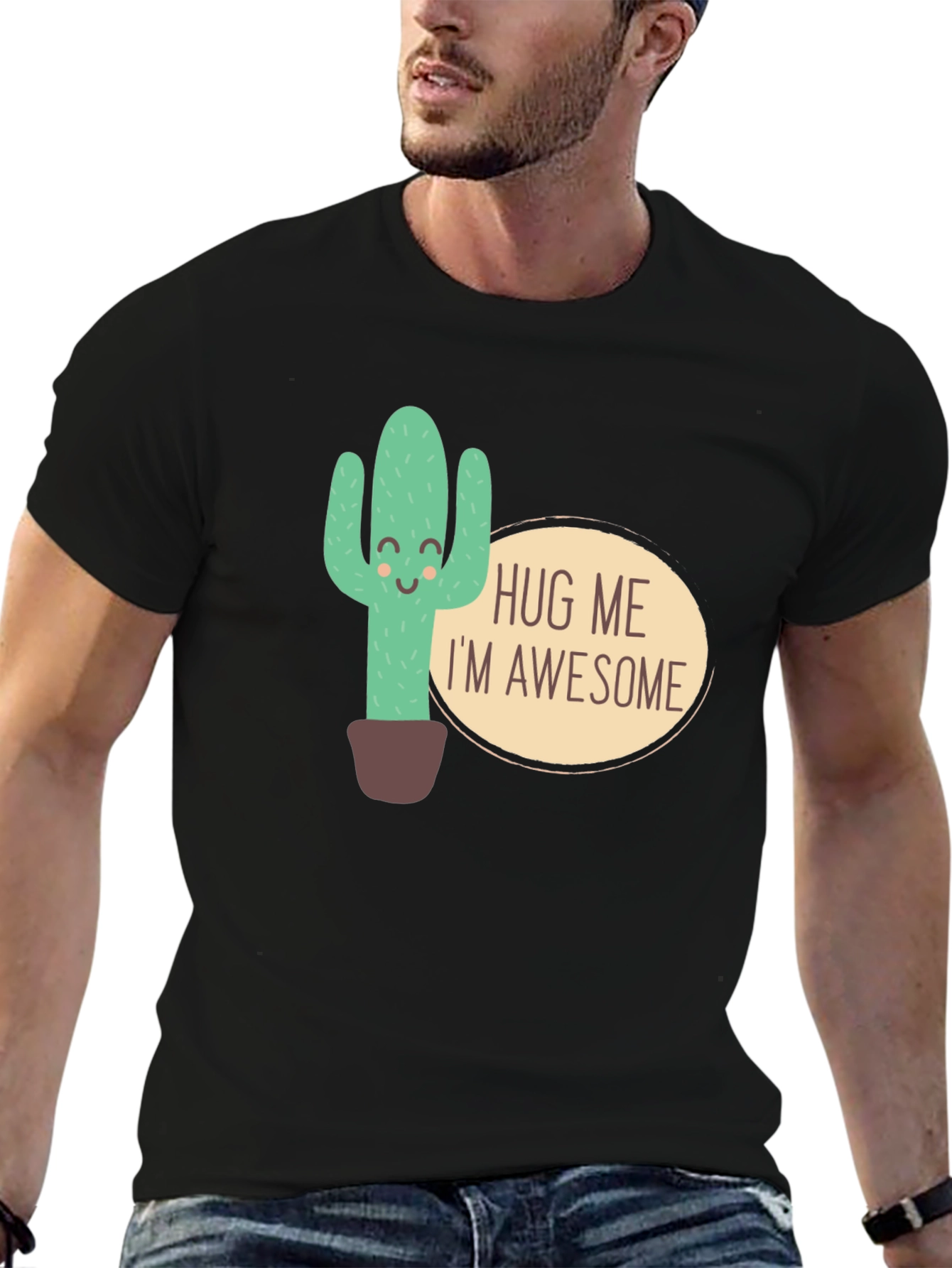 Hug Me Im Awesome Cactus Graphic T-Shirt