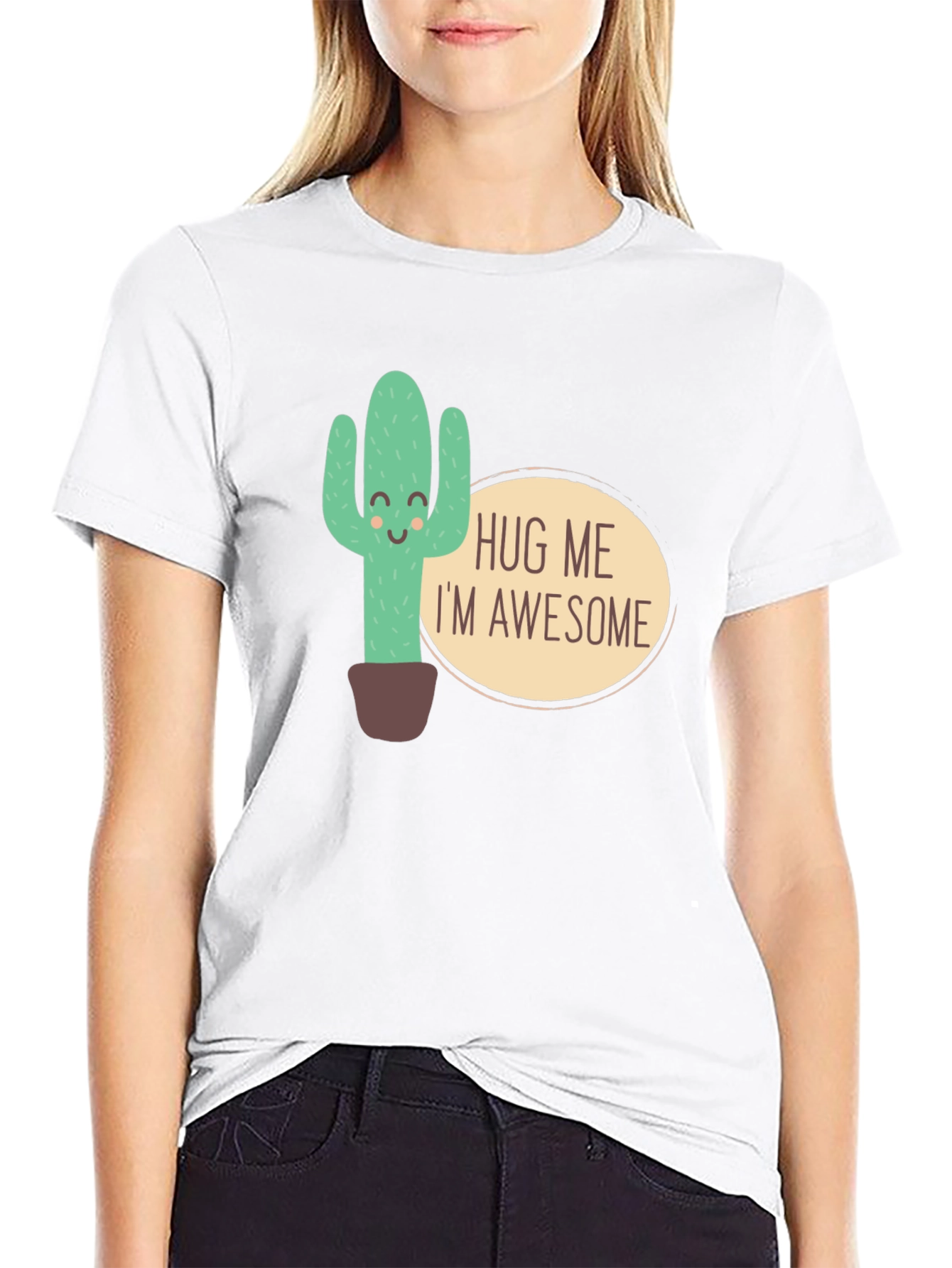 Hug Me Im Awesome Cactus Graphic T-Shirt