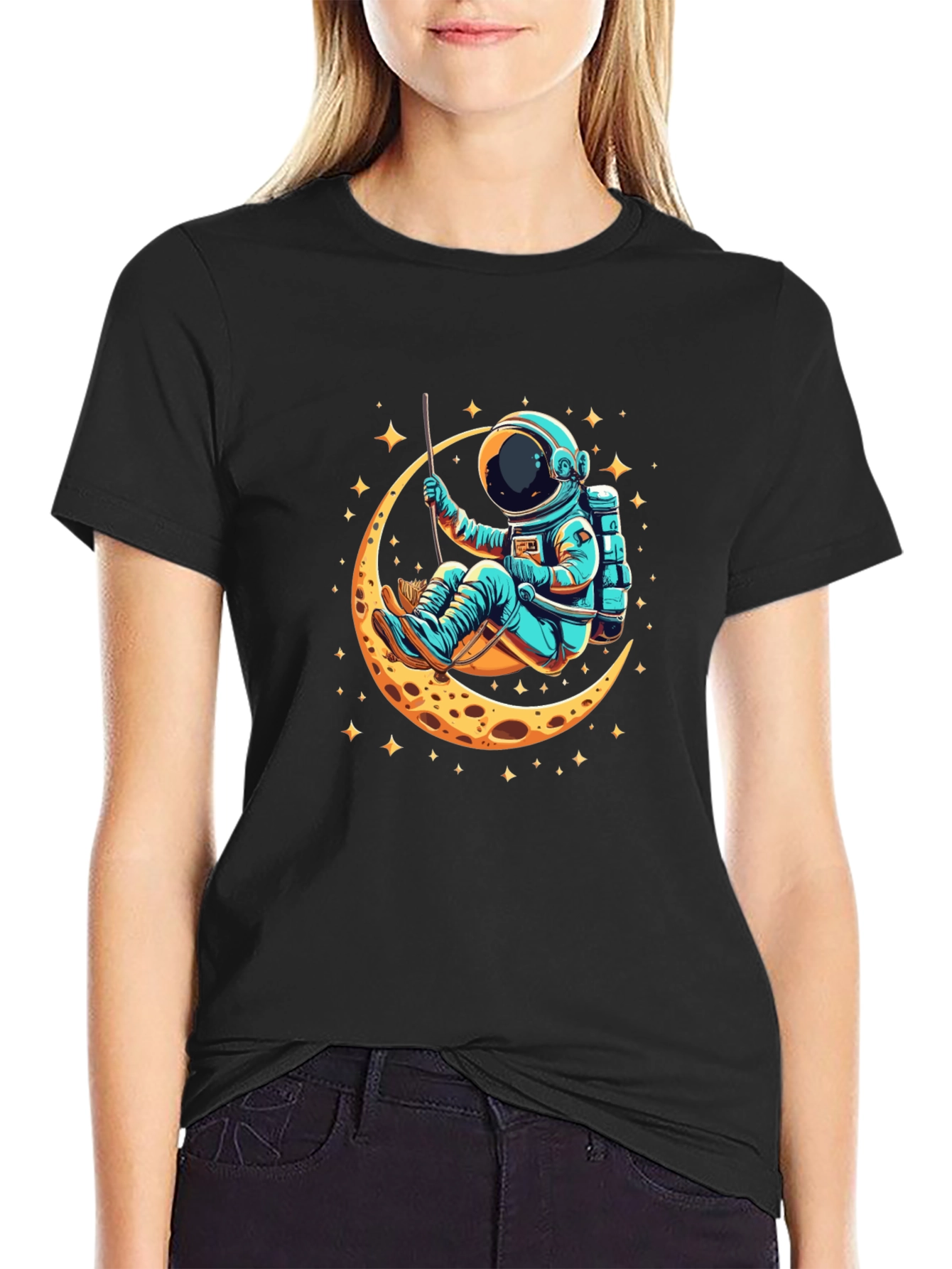 Astronaut on Moon Graphic T-Shirt - Black