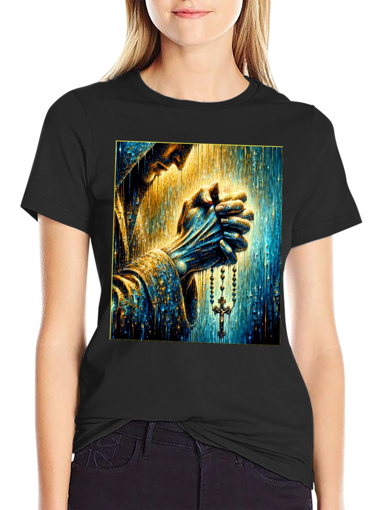 Praying Hands Graphic Tee - Religious Art Shirt