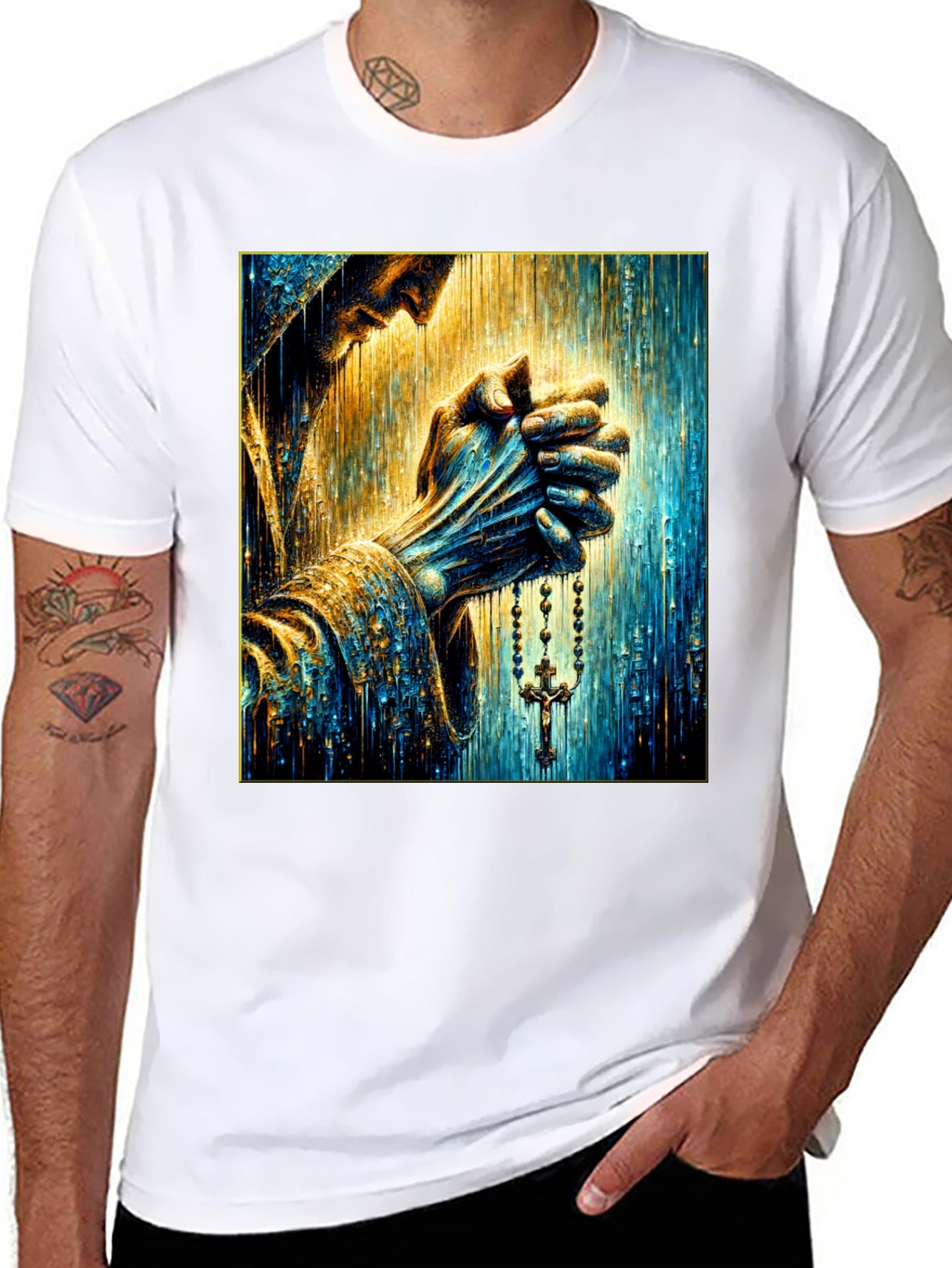 Praying Hands Graphic Tee - Religious Art Shirt