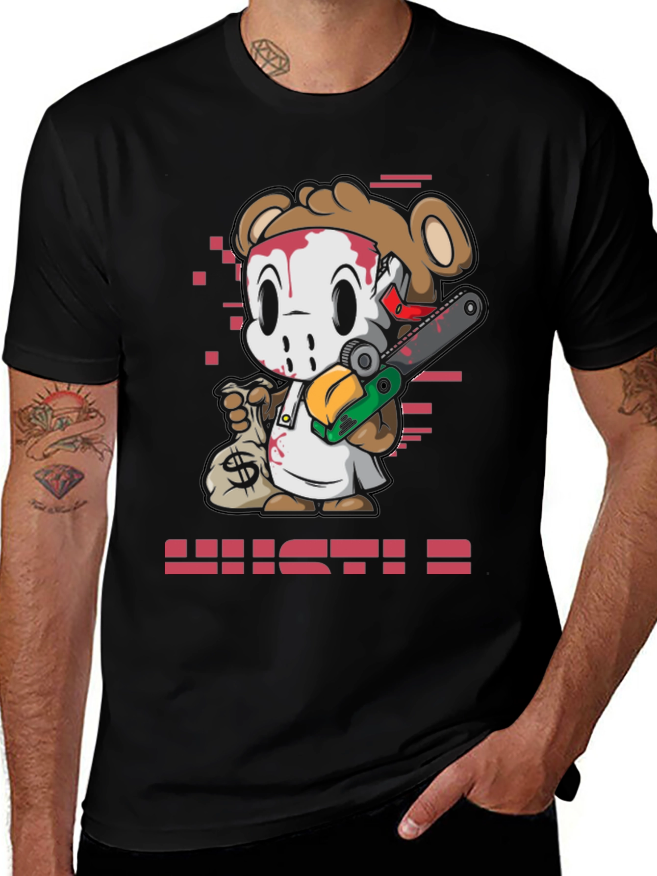 Cartoon Bear HUSTLE Graphic Print Tee