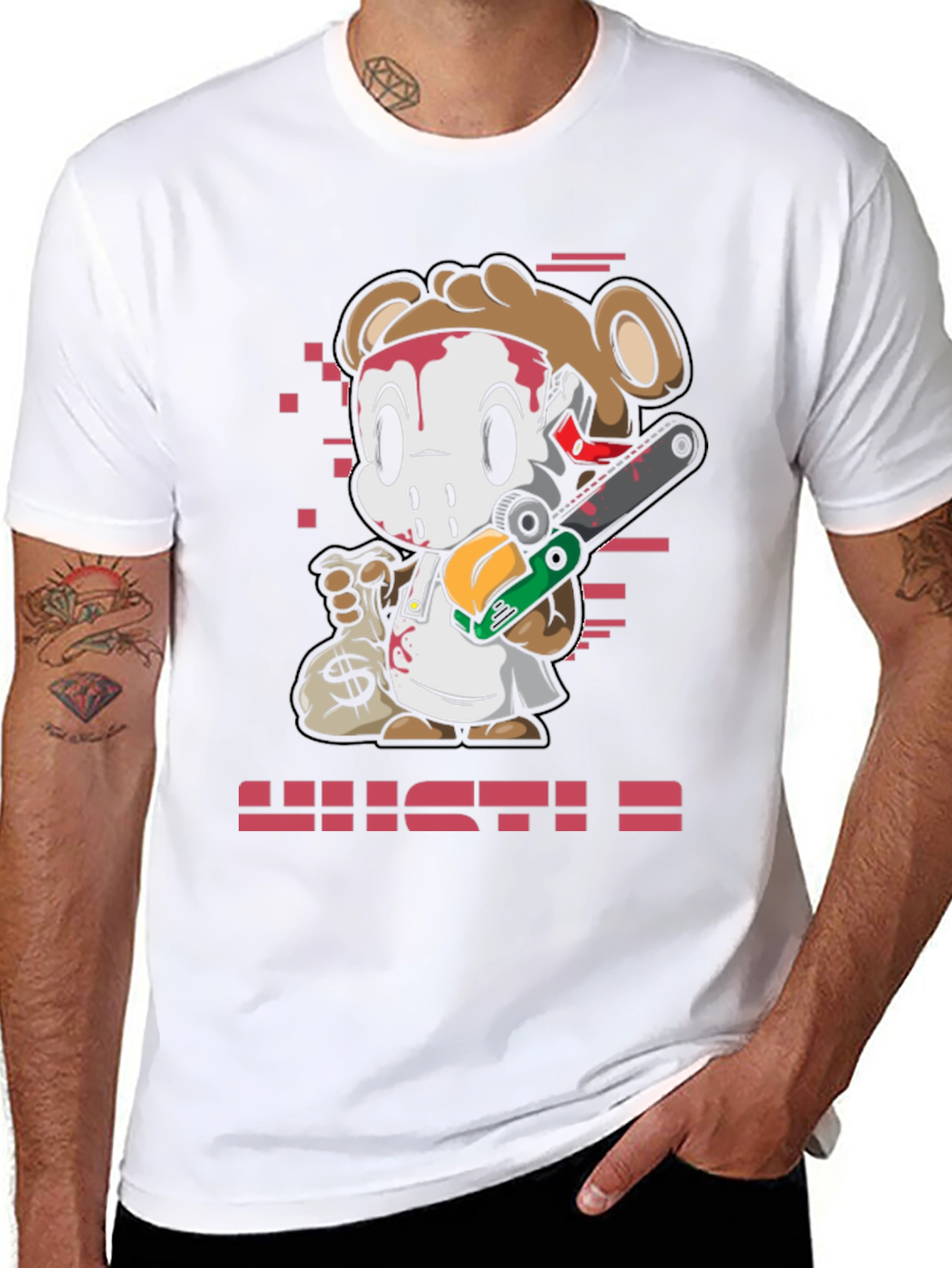 Cartoon Bear HUSTLE Graphic Print Tee