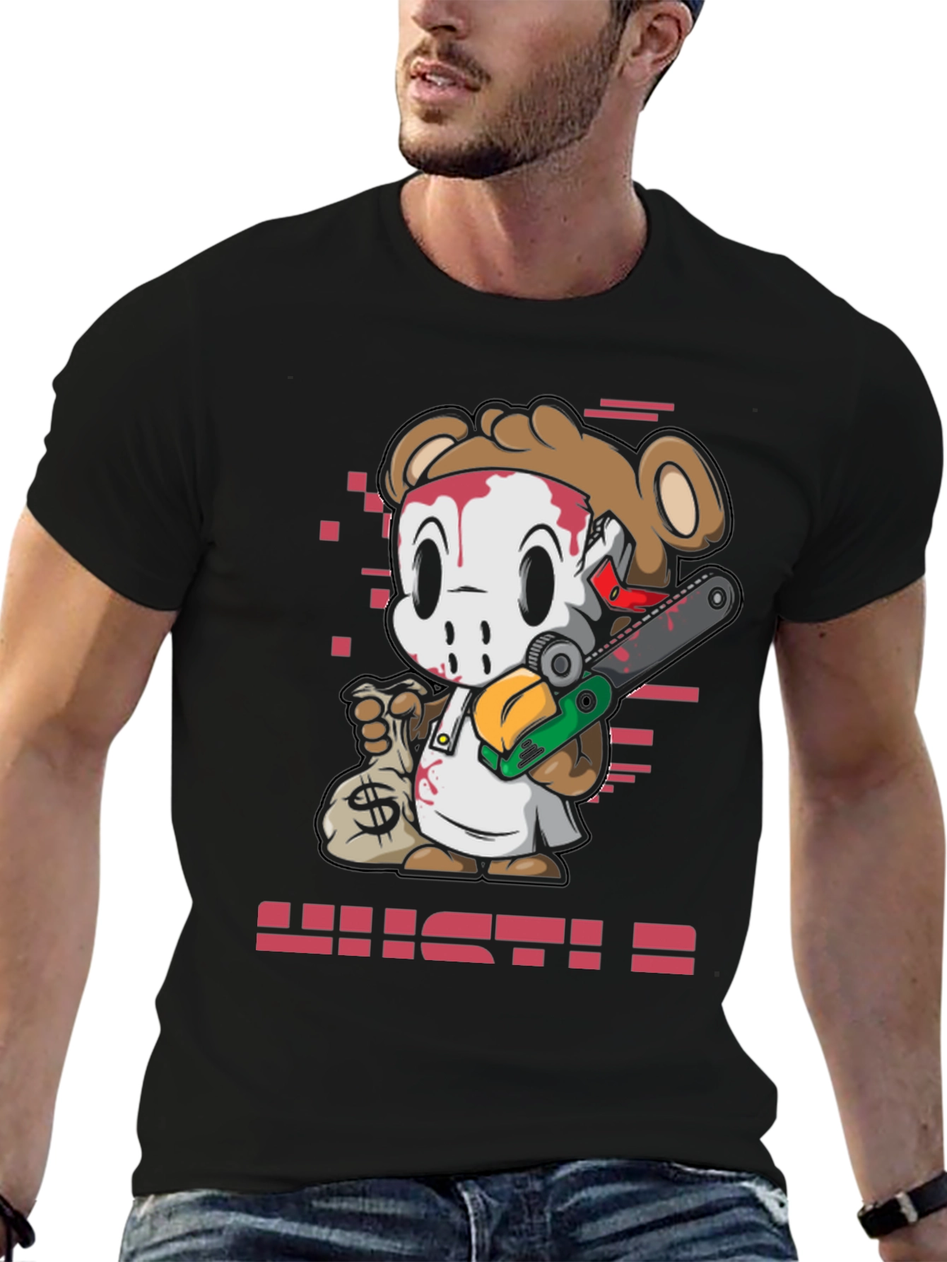 Cartoon Bear HUSTLE Graphic Print Tee