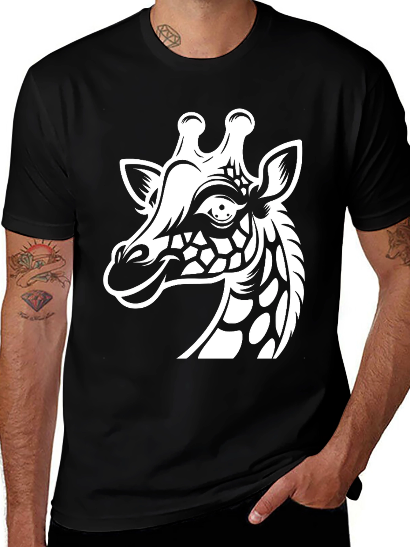 Mens Black T-Shirt with Giraffe Print