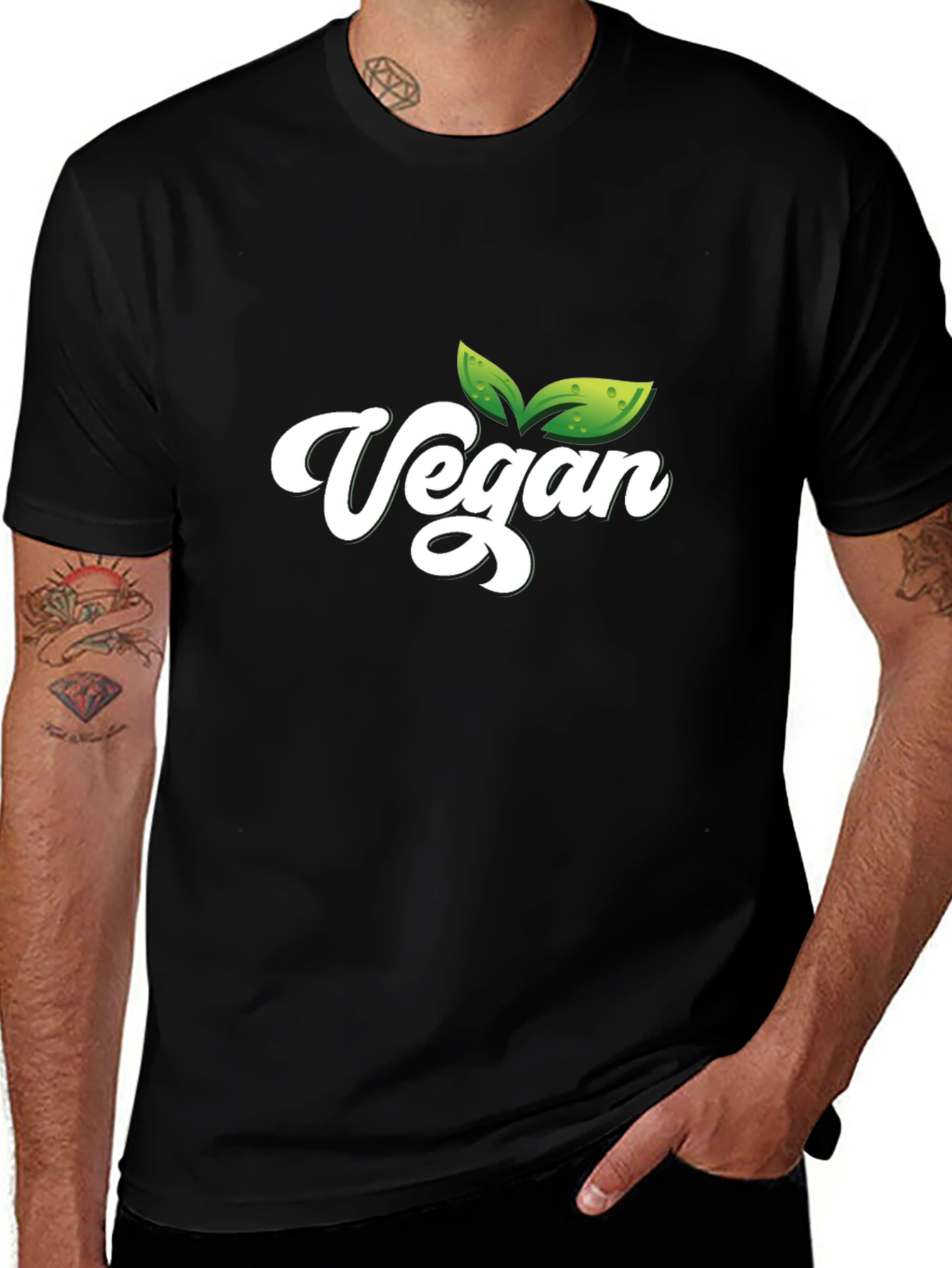 Vegan T-Shirt - Black Cotton Tee with Leaf Graphic