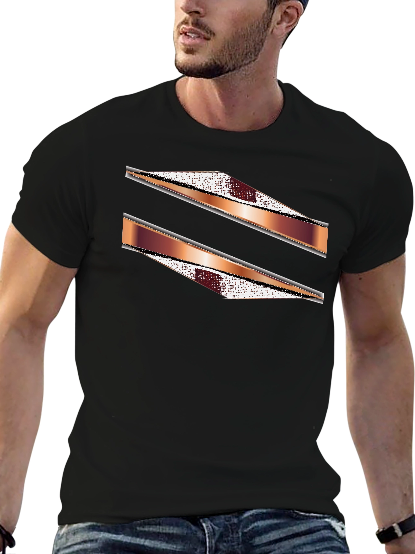 Stylish Black Graphic Tee with Abstract Stripe Design