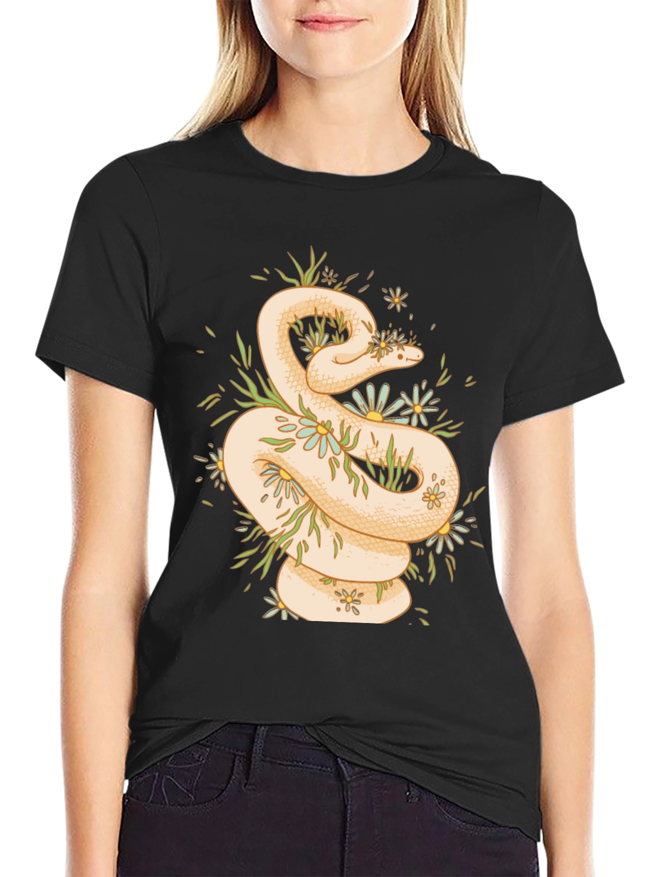 Snake & Flowers Graphic T-Shirt - Black