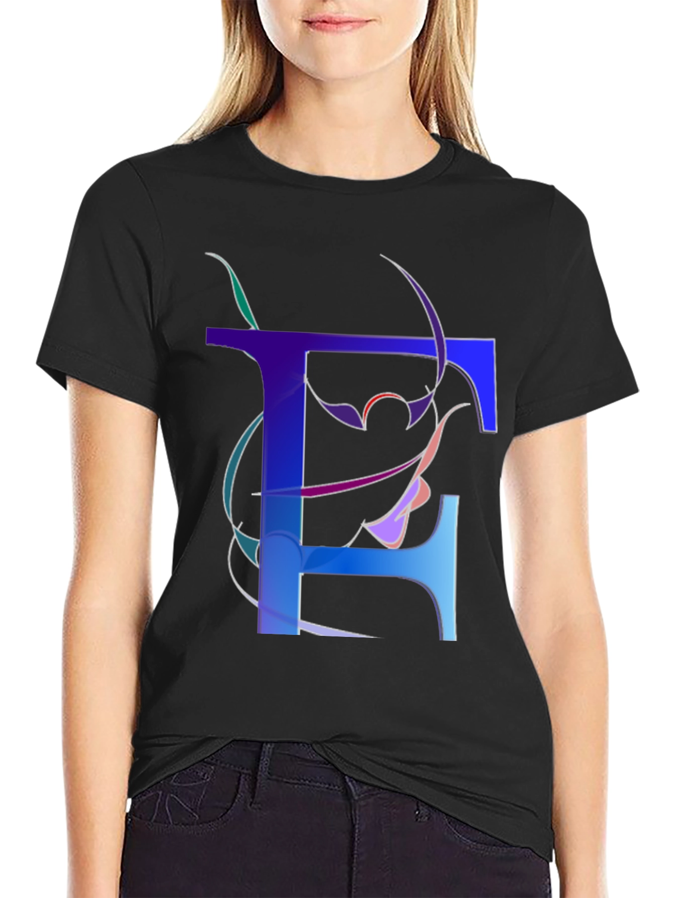 Abstract Letter T Graphic Print Black T-Shirt