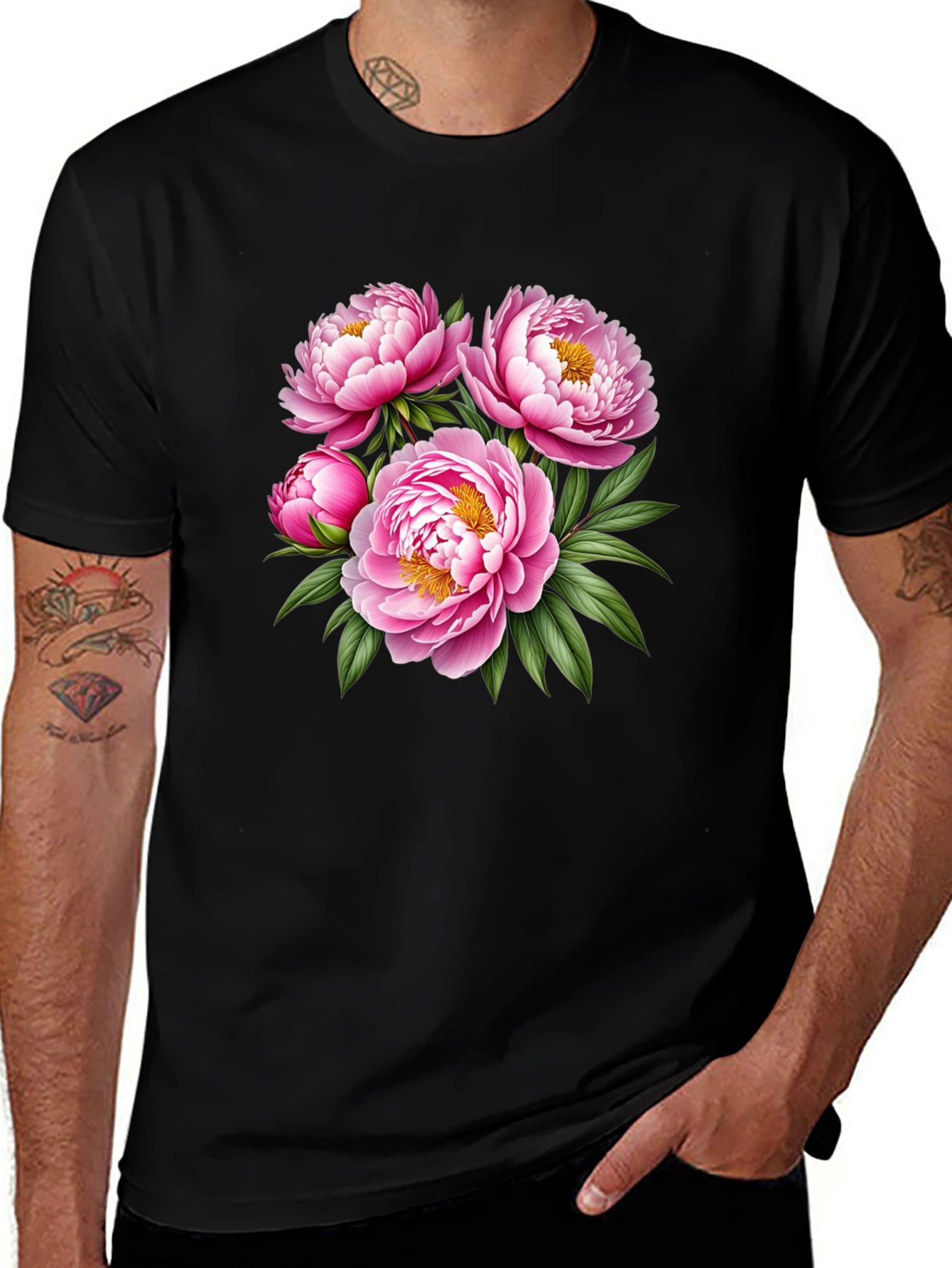 Floral Peony Print Black T-Shirt