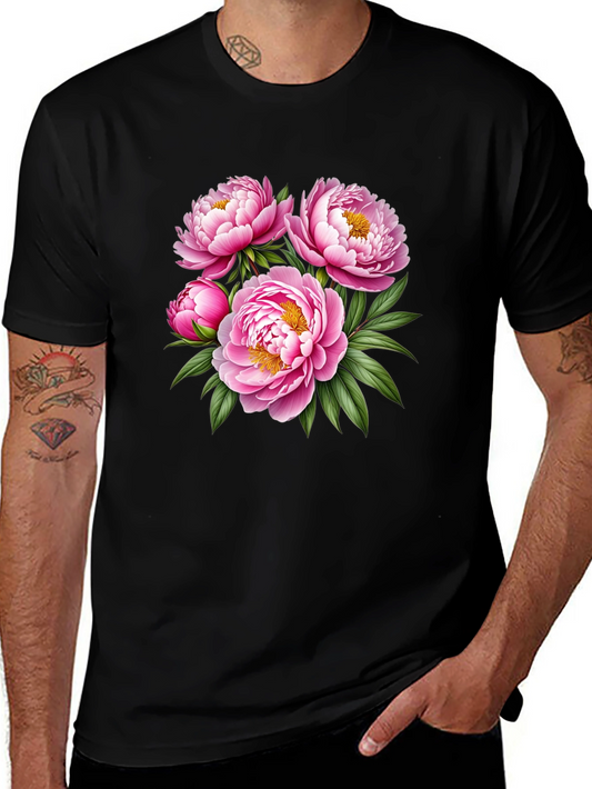 Floral Peony Print Black T-Shirt