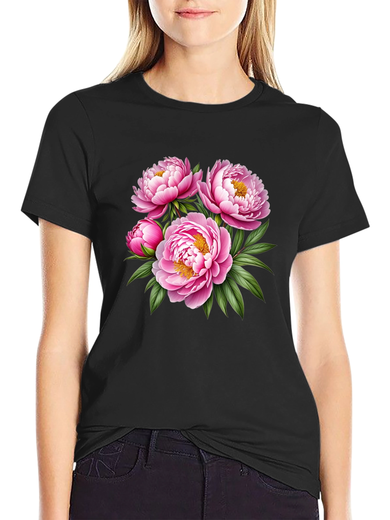 Floral Peony Print Black T-Shirt