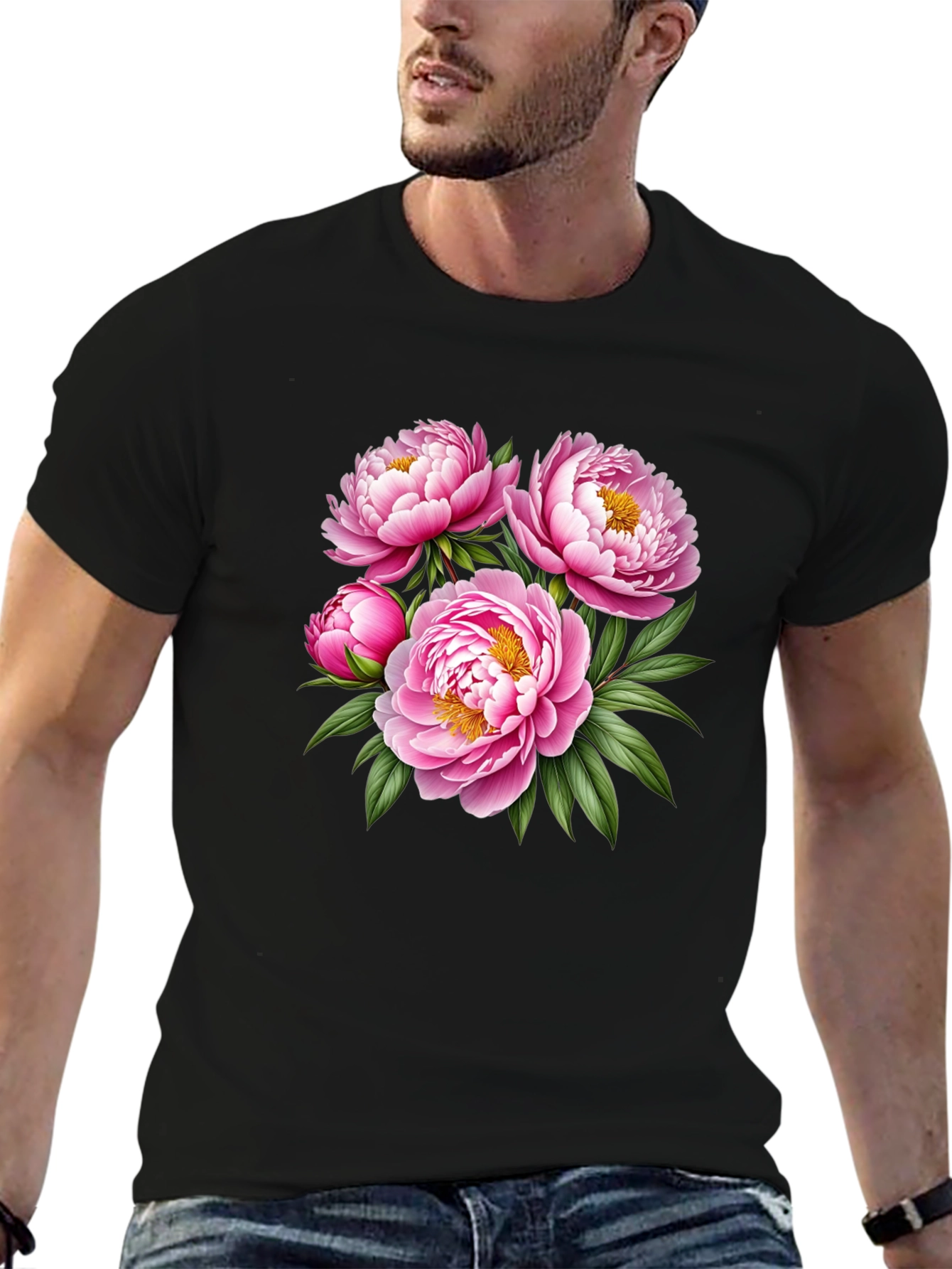 Floral Peony Print Black T-Shirt