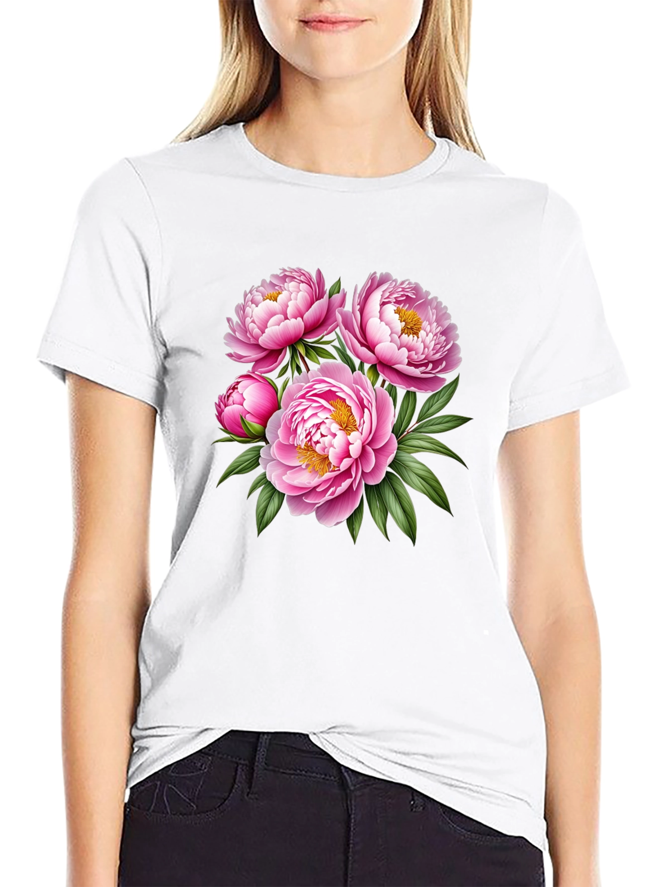 Floral Peony Print Black T-Shirt