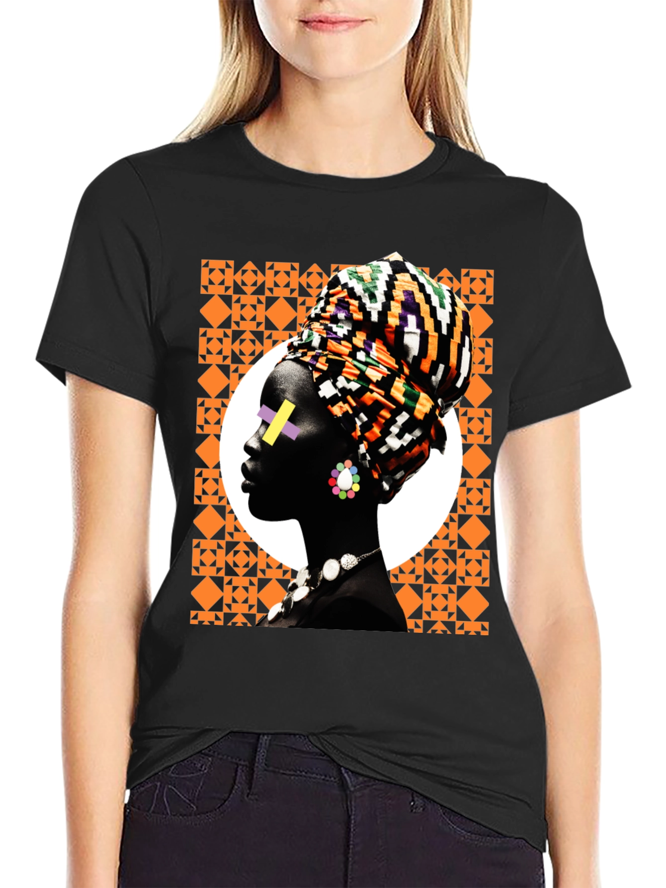 Stylish Black T-Shirt with African Woman Graphic