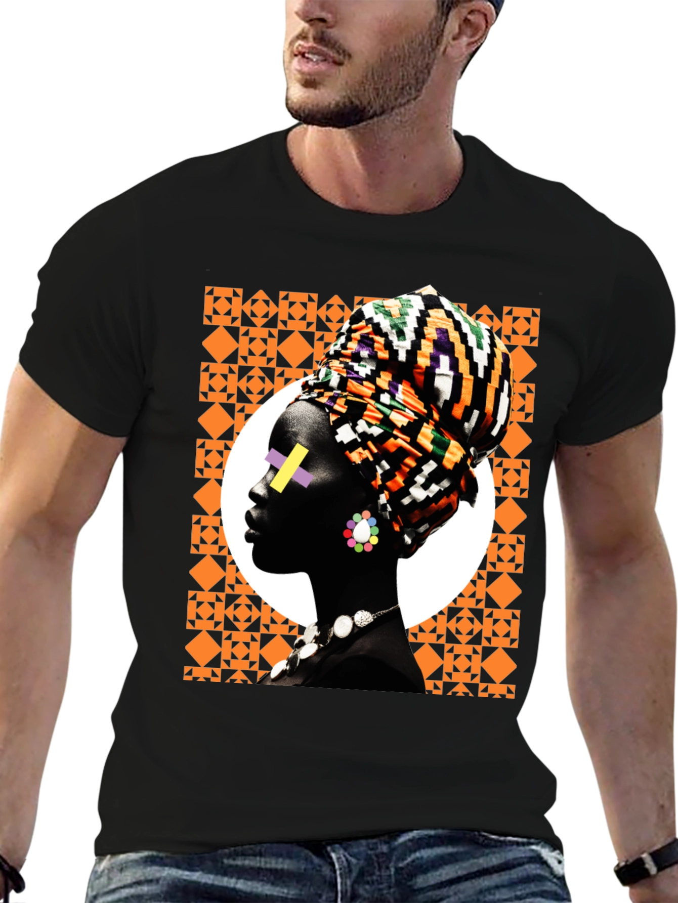 Stylish Black T-Shirt with African Woman Graphic
