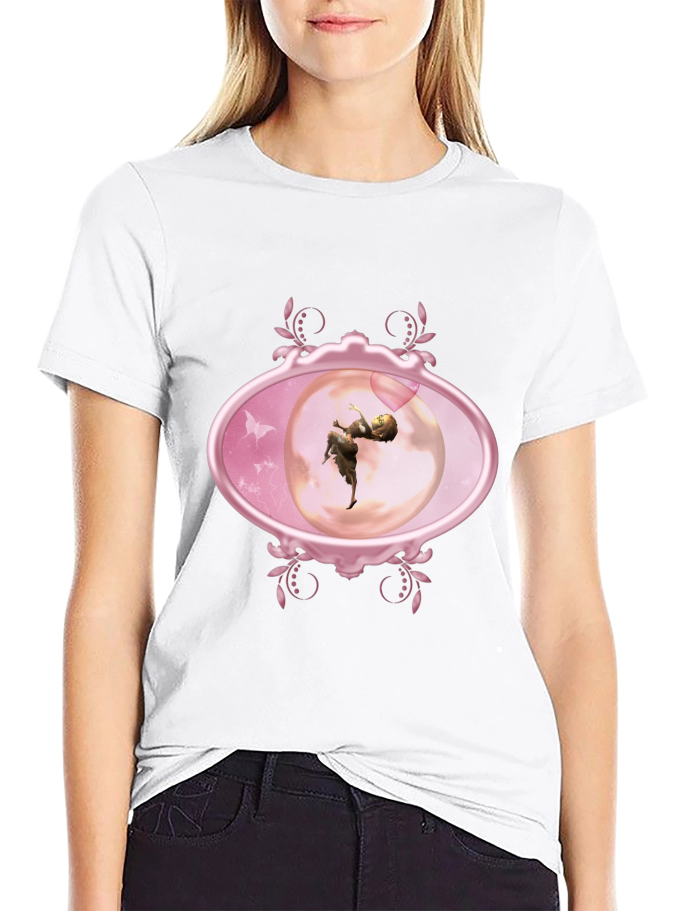 Fairy Oval Framed Graphic Tee - Black Cotton Blend