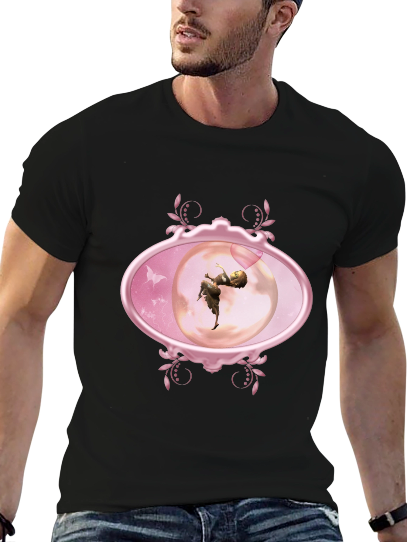 Fairy Oval Framed Graphic Tee - Black Cotton Blend