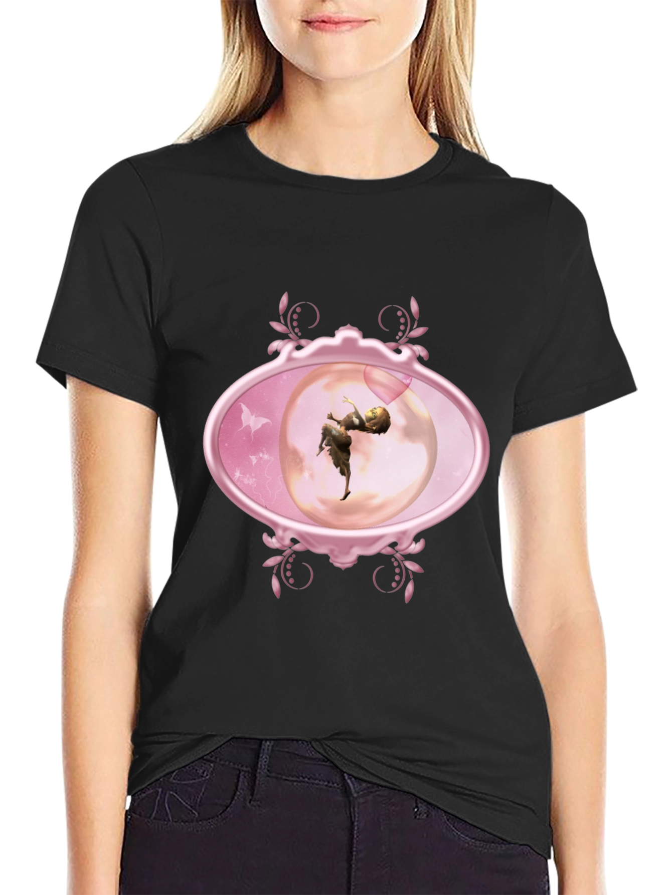 Fairy Oval Framed Graphic Tee - Black Cotton Blend
