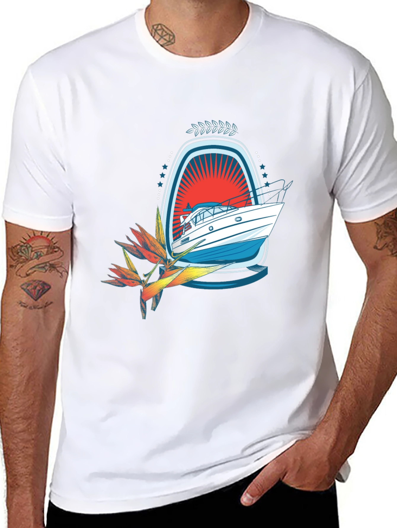 Tropical Boat Graphic Tee - Black