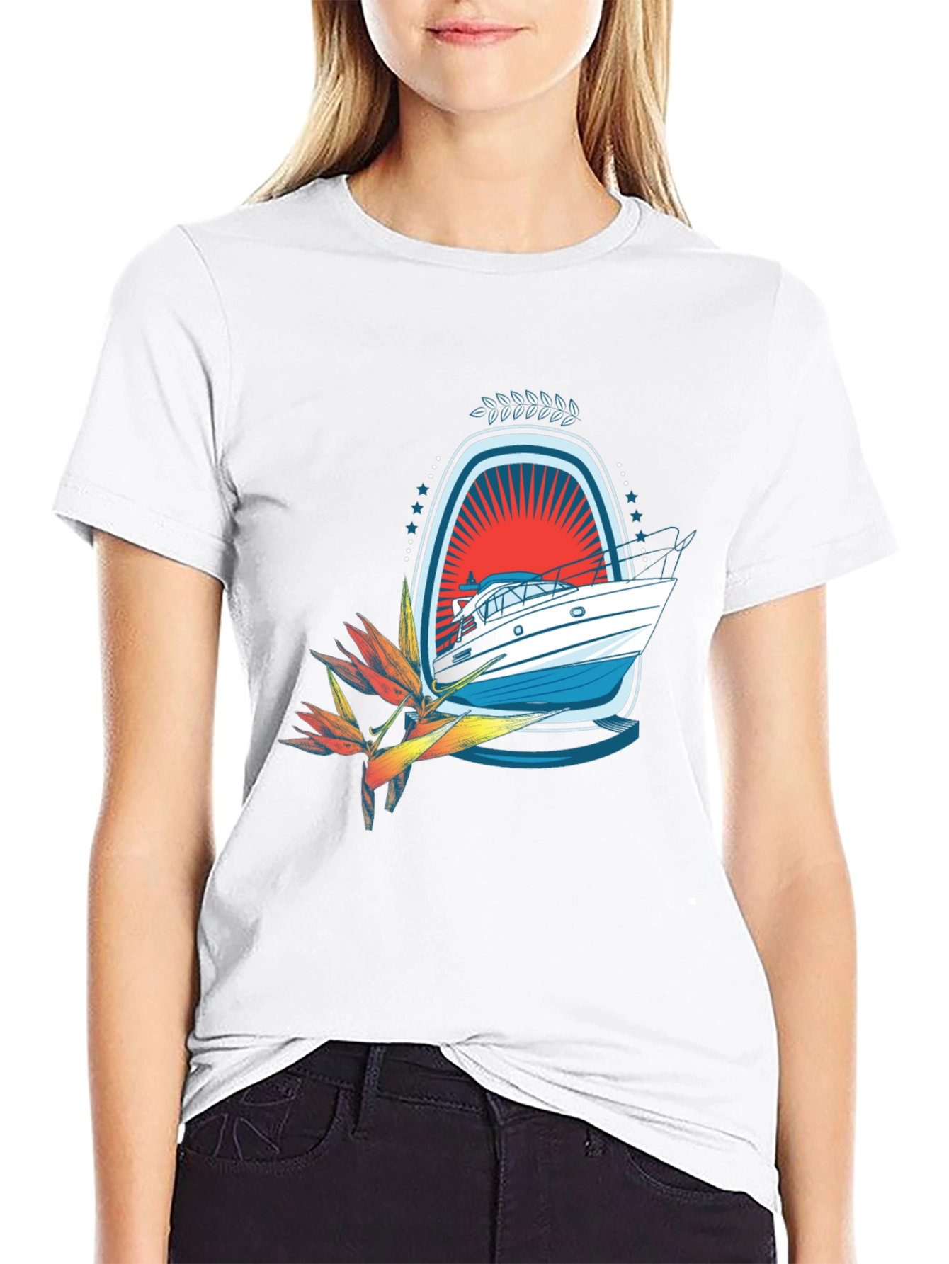 Tropical Boat Graphic Tee - Black