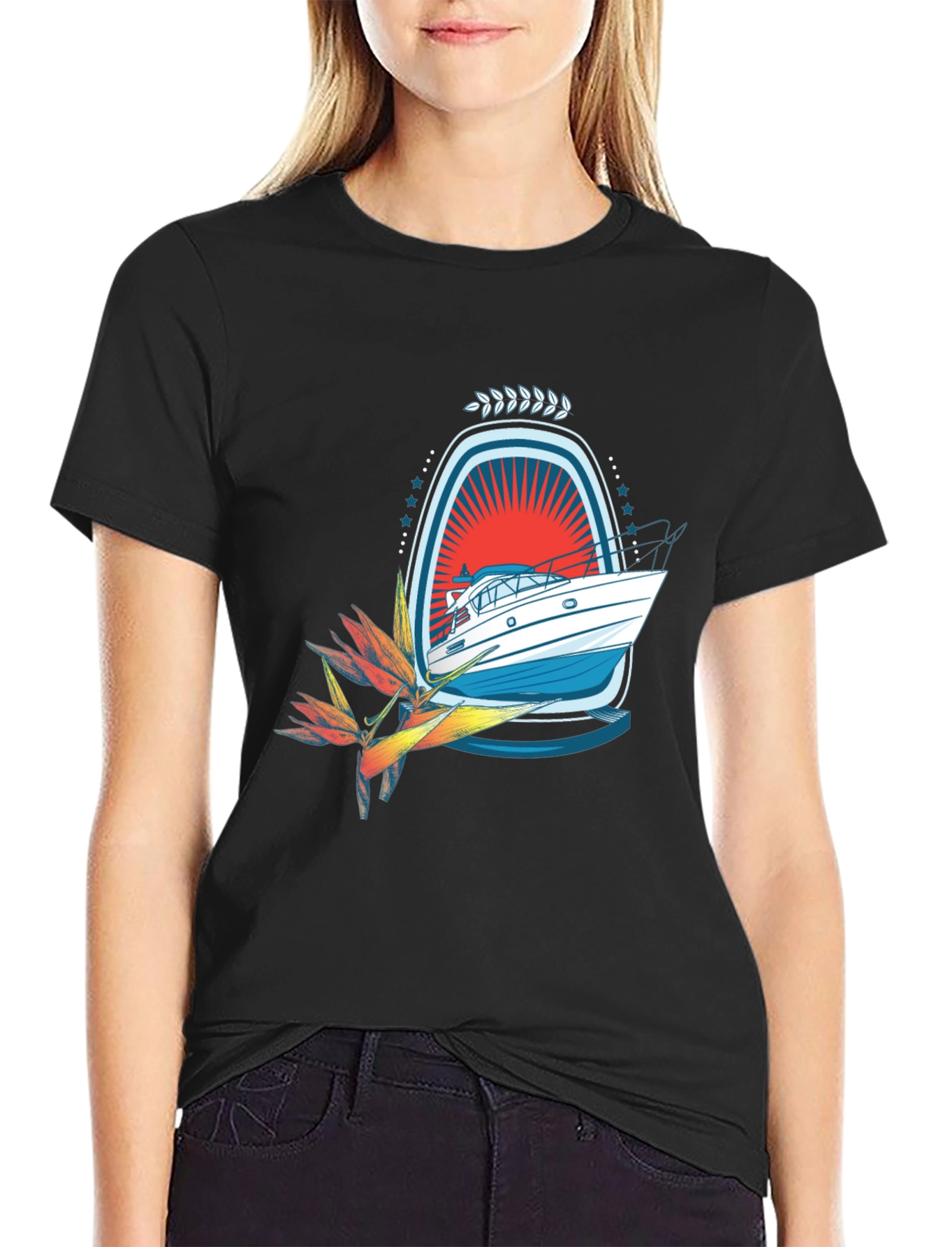 Tropical Boat Graphic Tee - Black