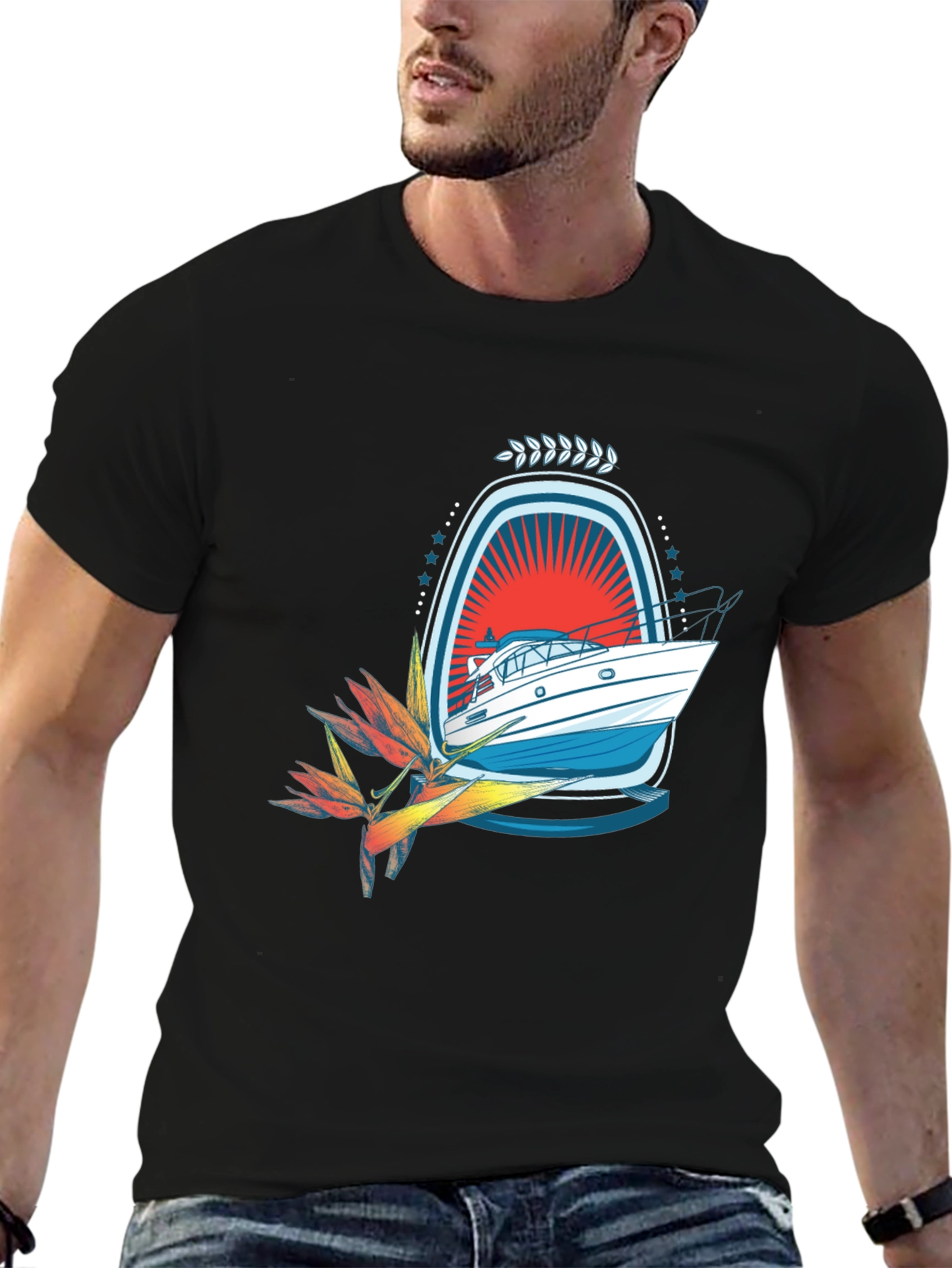 Tropical Boat Graphic Tee - Black