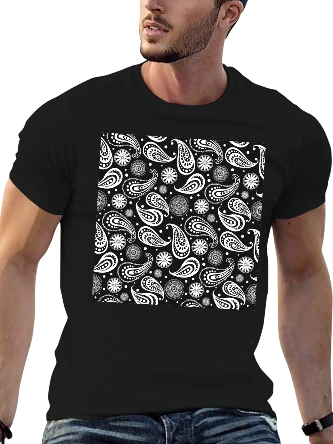 Black Paisley Pattern Graphic Tee - Stylish Casual Wear