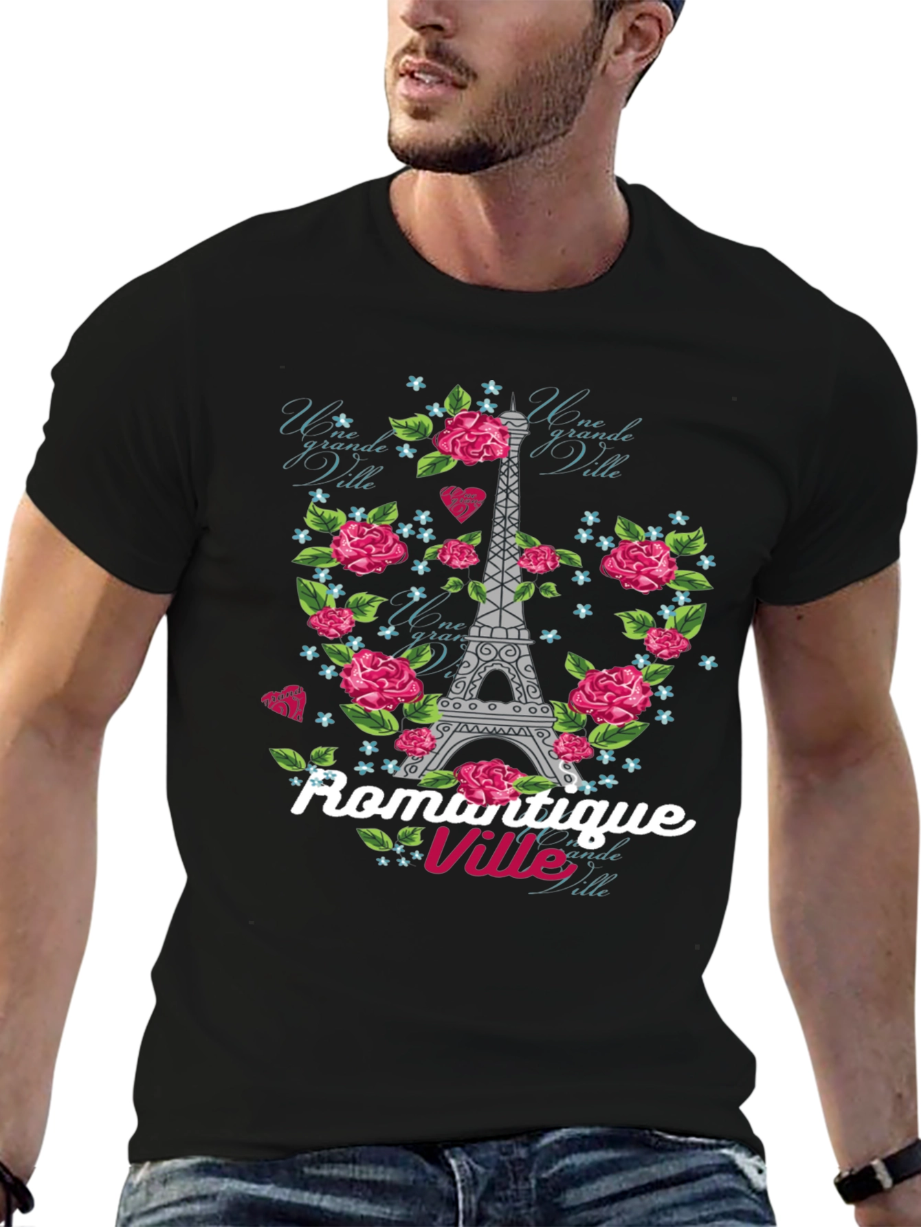 Paris Romance Graphic Tee - Eiffel Tower Rose Design